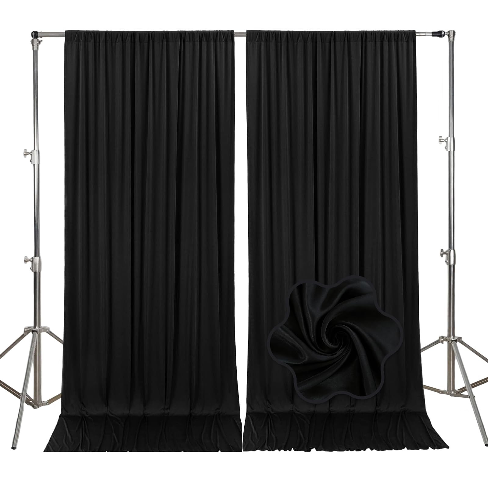 2 PCS Black 10×7 Ft Fabric Satin Backdrop Curtain Rod Pocket Photography