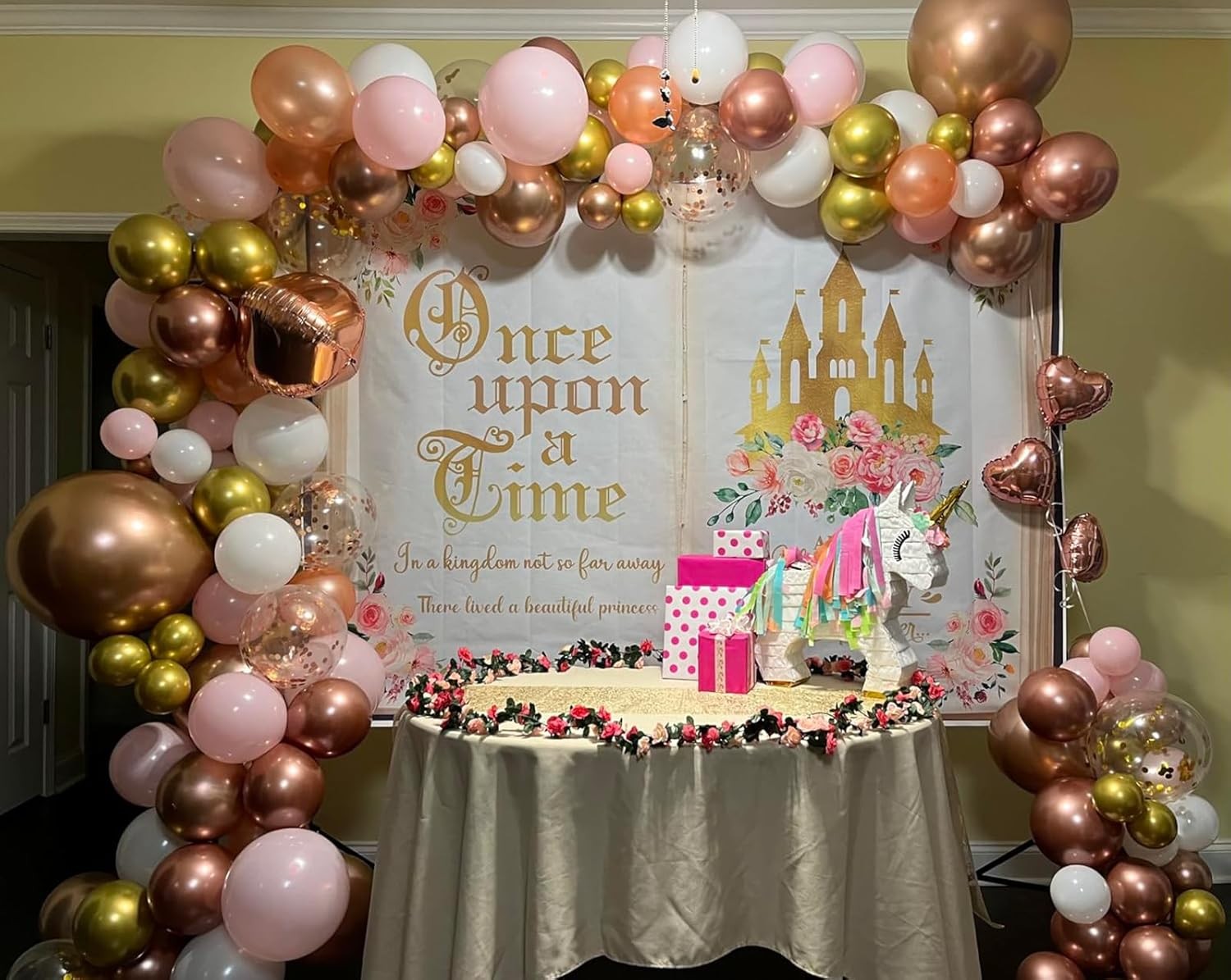 8x6ft Once Upon a Time Backdrop Pink Floral Gold Castle Princess 8x6ft,