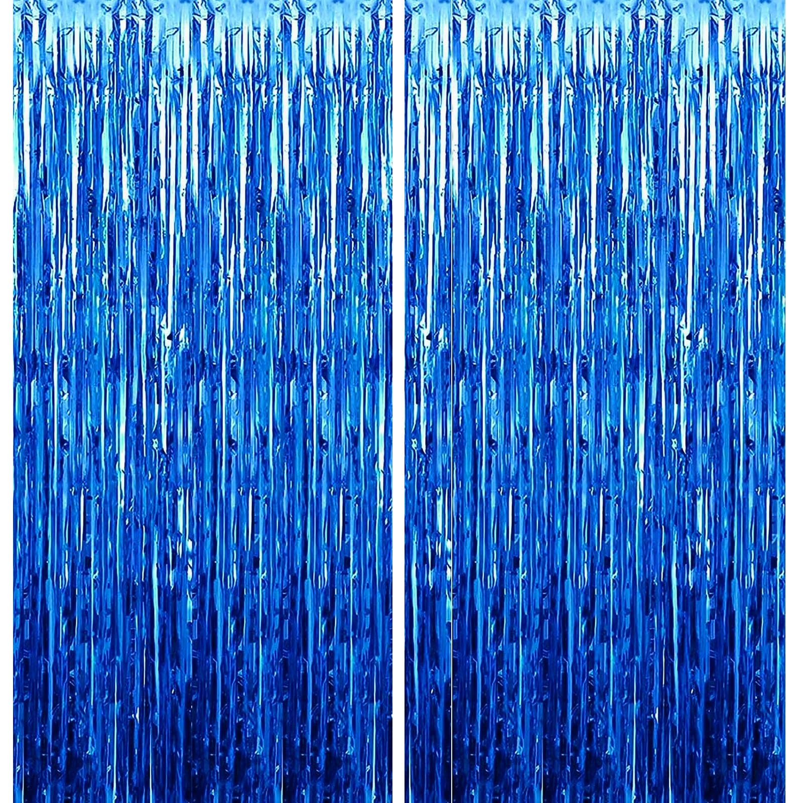 2 PCS Blue Tinsel Foil Fringe Curtain Party Photo Backdrop Decor 3.28×6.56 Ft