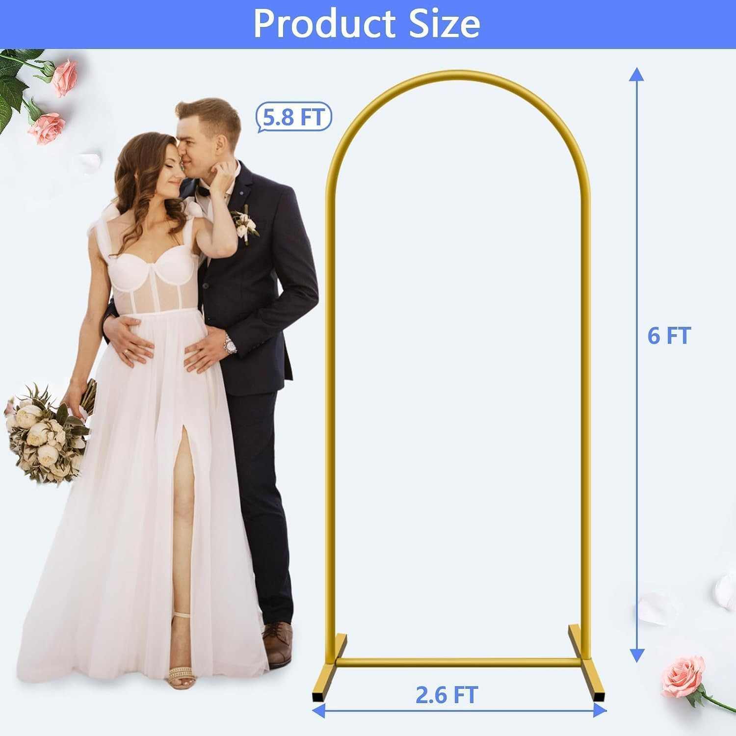 6 Ft Gold Arch Backdrop Stand for Weddings and Events with Ground Nails