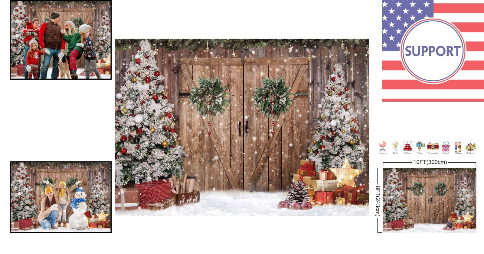 10x8FT Christmas Backdrop: Rustic Barn Door Design for Holiday Photography