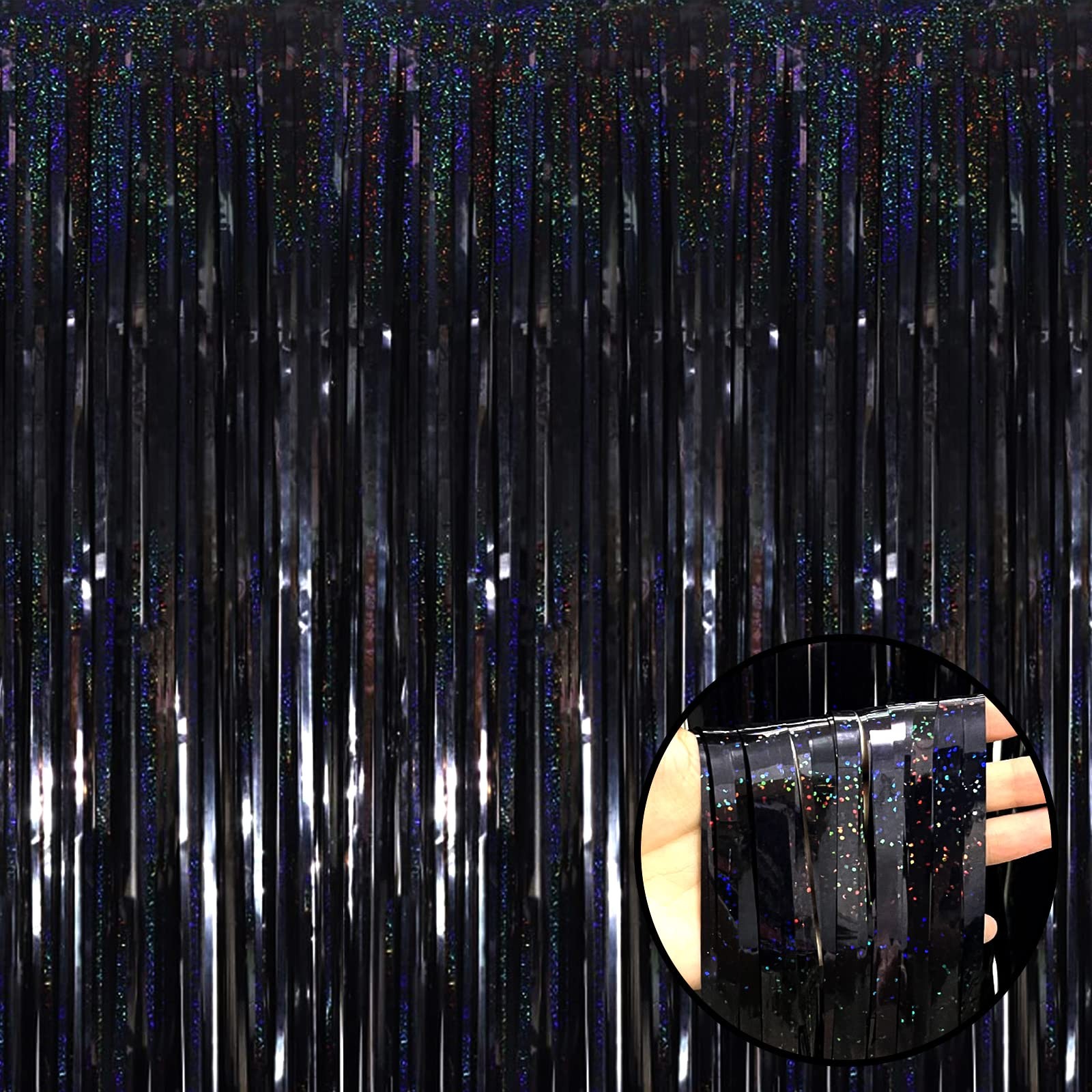 Black Tinsel Foil Fringe Curtain Backdrop Metallic Streamers 4 PCS