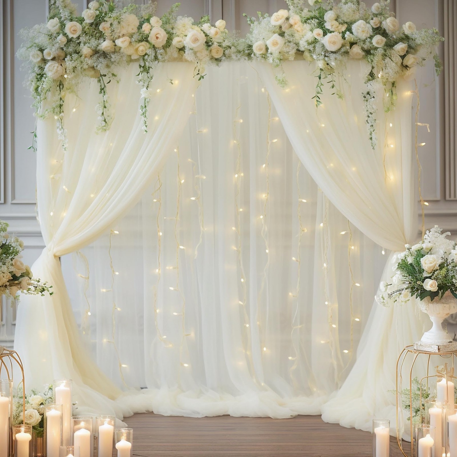 108FT Ivory Tulle Curtain Backdrop With Lights String Sheer Fabric Drapes
