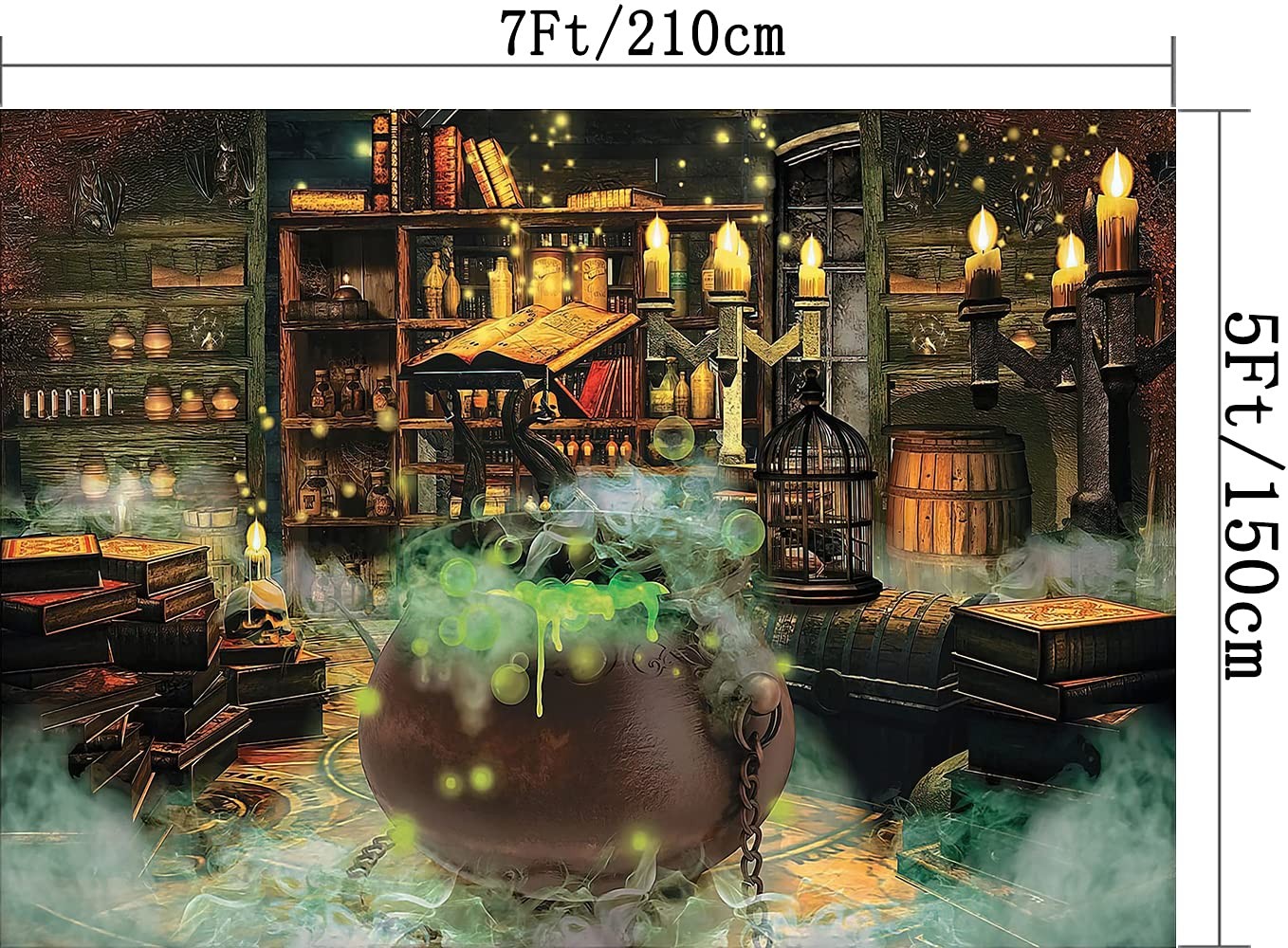 DePhoto Halloween Photo Backdrop Witch Magic Cauldron Bookshelf Spooky 7’X5′