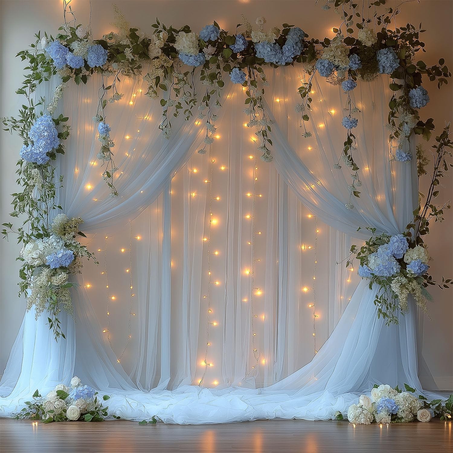 2 PCS 10×10 FT Baby Blue Tulle Backdrop Curtain String Light Sheer Drape