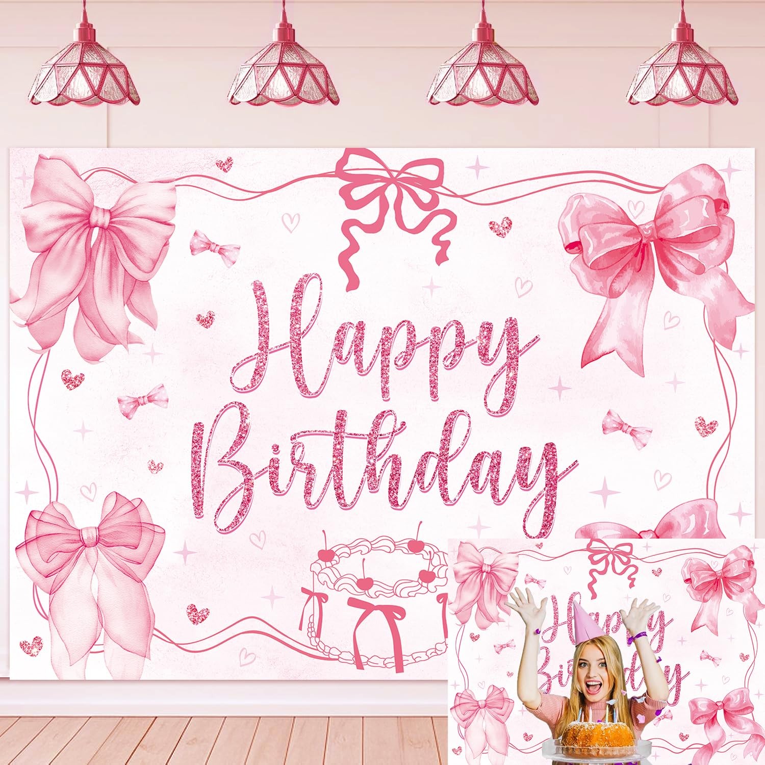Pink Bow Coquette Happy Birthday Party Theme Photo Backdrop 7x5ft Banner