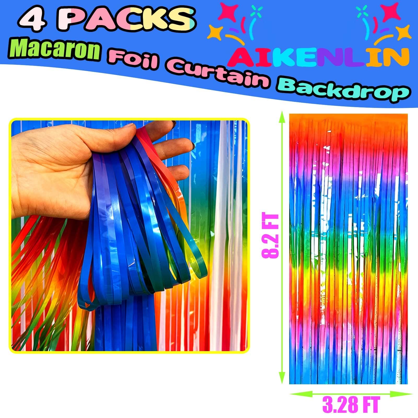 4 Pack 3.2Ft x 8.2Ft Rainbow Foil Fringe Curtain Backdrop Colorful Metallic T…