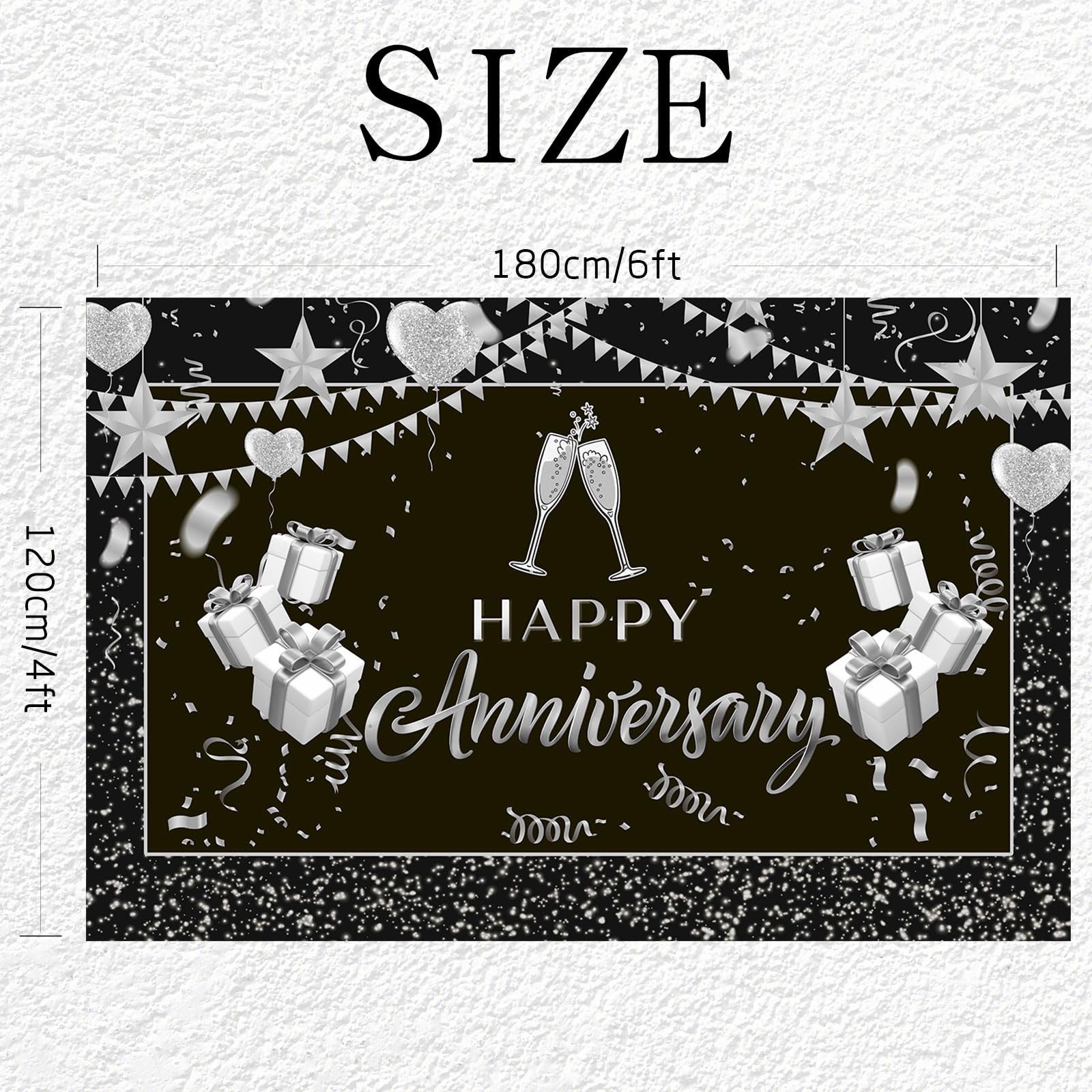 Happy Anniversary Backdrop Wedding Banner Poster Black, Silver