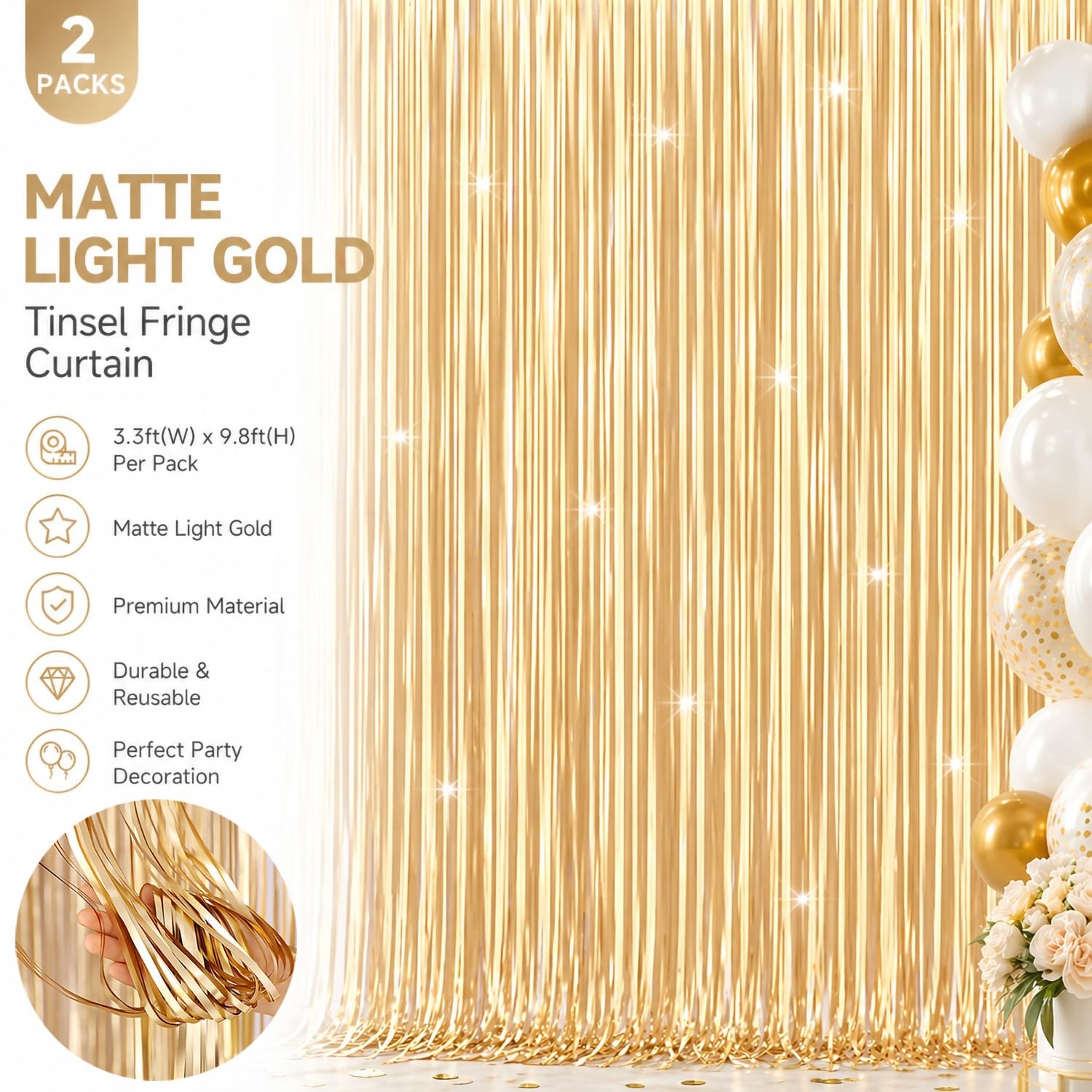 2 PCS Light Gold Backdrop Curtains 6.6×9.8 FT Matte Foil Fringe Streamers