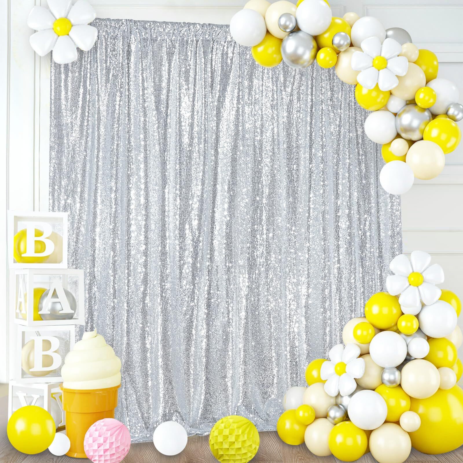 7ftx7ft Silver Sequin Backdrop Curtain Glitter Photo Booth for Party Events