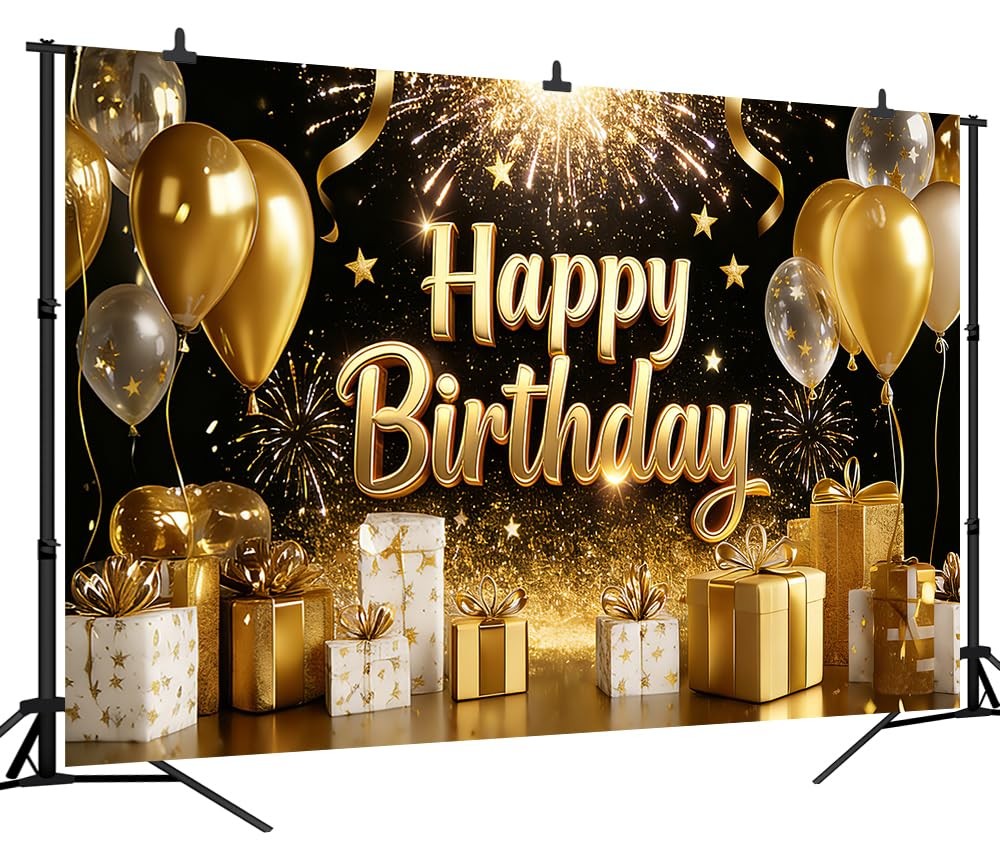 DePhoto 7x5FT Black and Gold Happy Birthday 7×5 FT, Backdrop 6