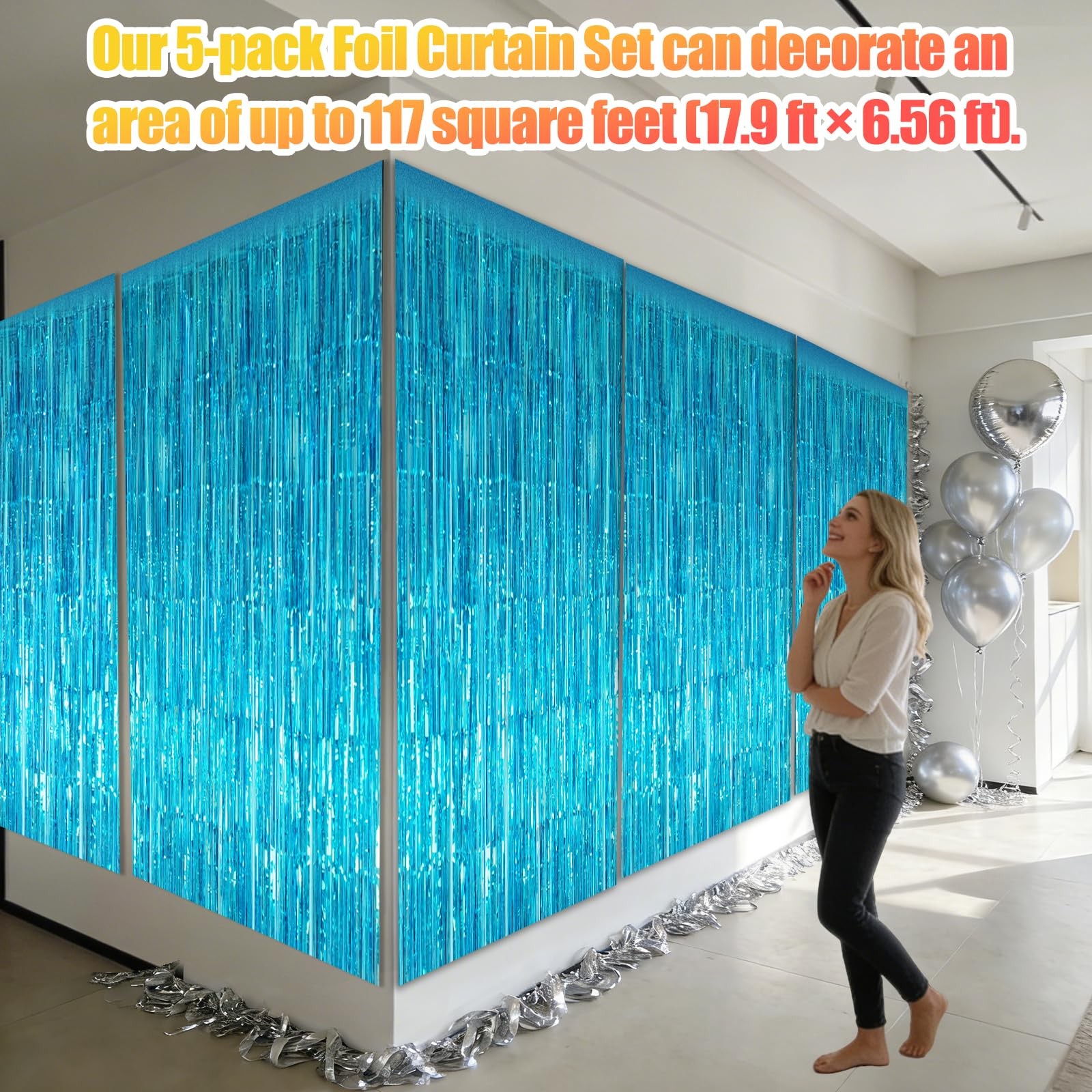 5 PCS 3.28×6.56 Ft Light Blue Metallic Tinsel Foil Fringe Curtains Backdrop