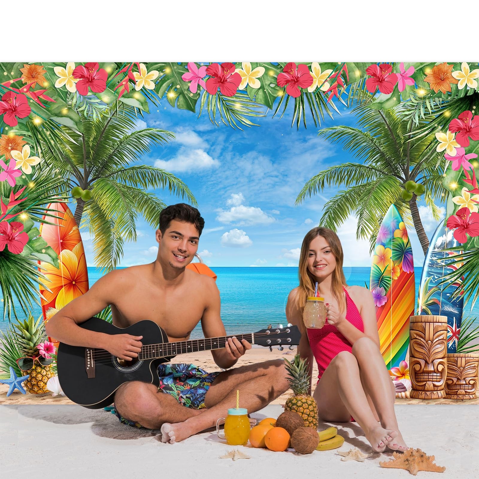 Summer Hawaiian Beach Backdrop 7x5Ft Tropical Flower Luau 7x5Ft, Blue