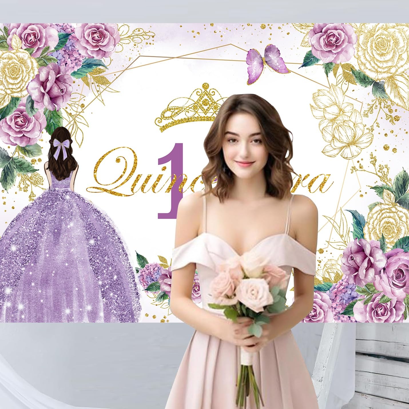 Withu Quinceañera 15 Birthday Backdrop Shiny Gold Purple Floral 7x5ft,