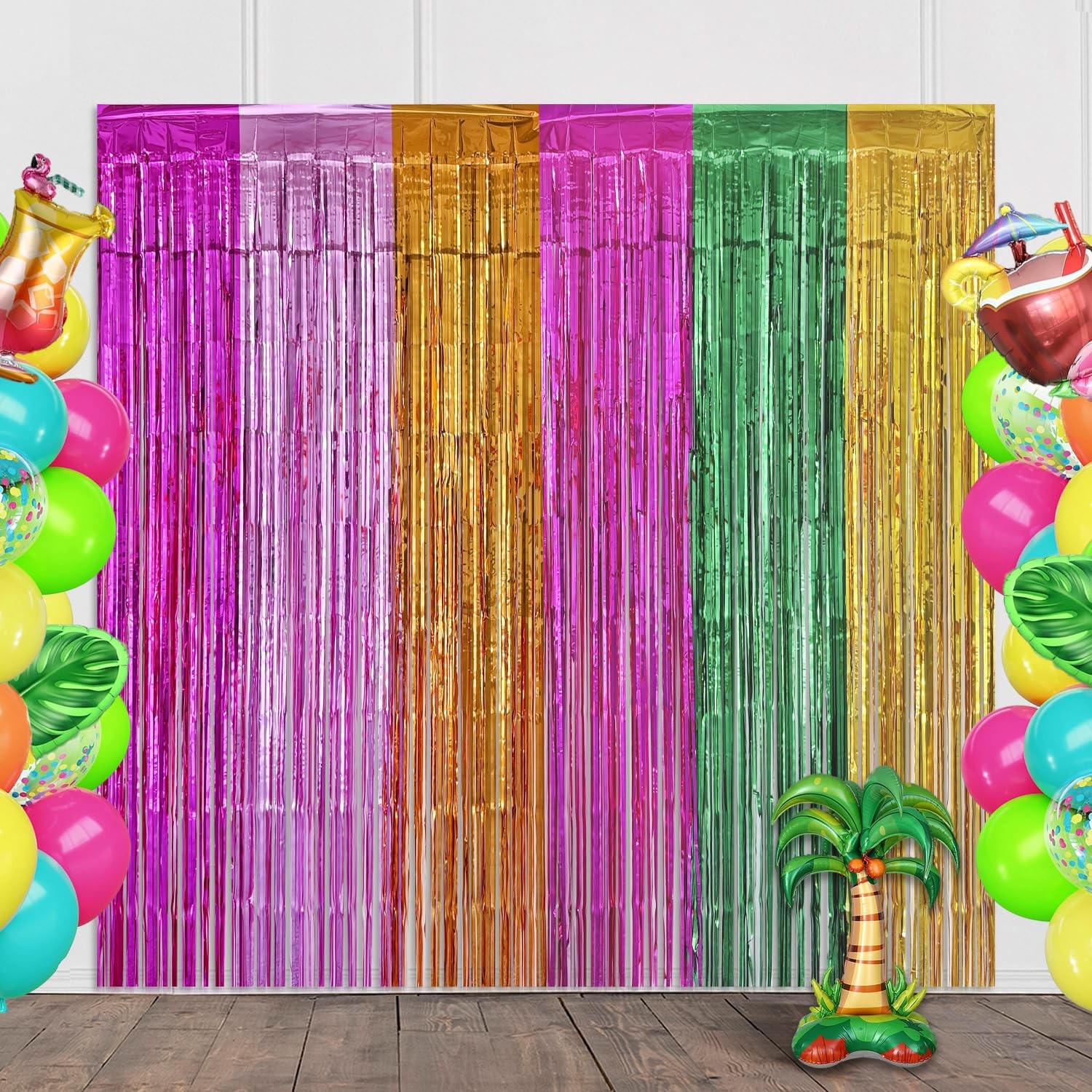 4 PCS Hawaiian Luau Party Decorations 3.28×6.56 Ft Foil Fringe Curtains