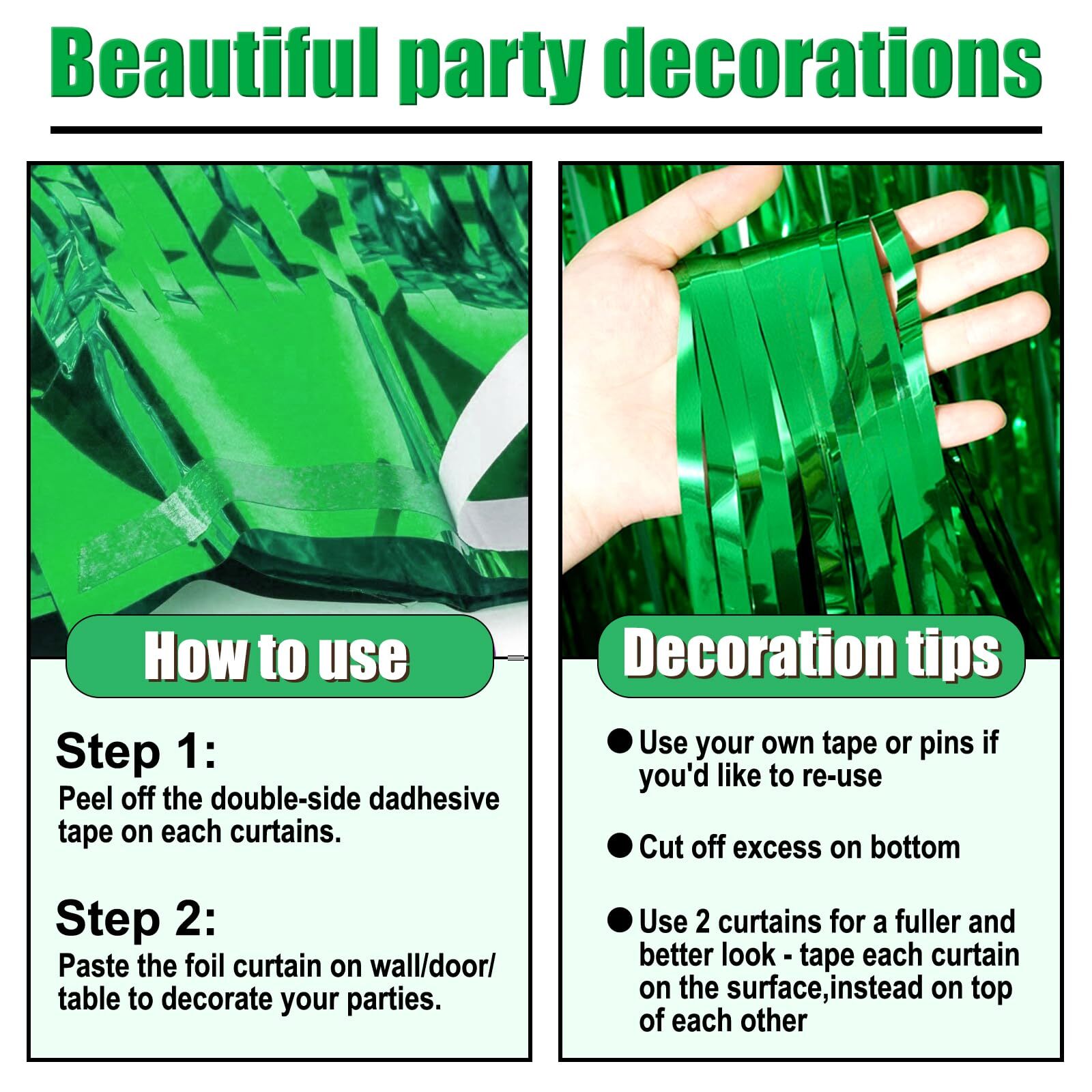 3 Pack Green Foil Fringe Curtain Backdrop 3.28×6.6Ft Birthday Party Decor