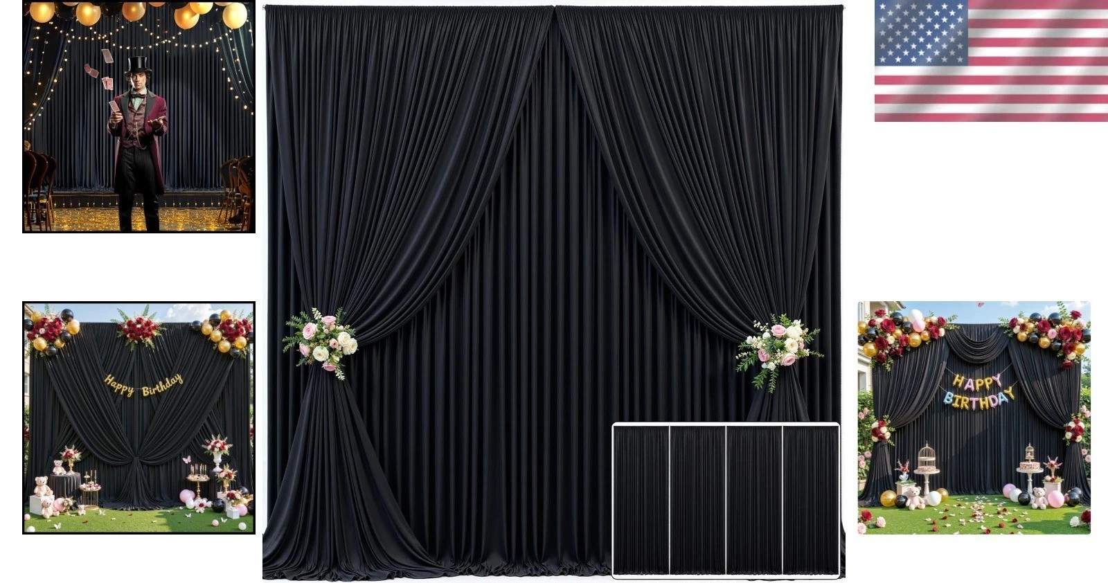 Elegant Black 20ft x 10ft Backdrop for Photography & Parties – 4 Panels Included