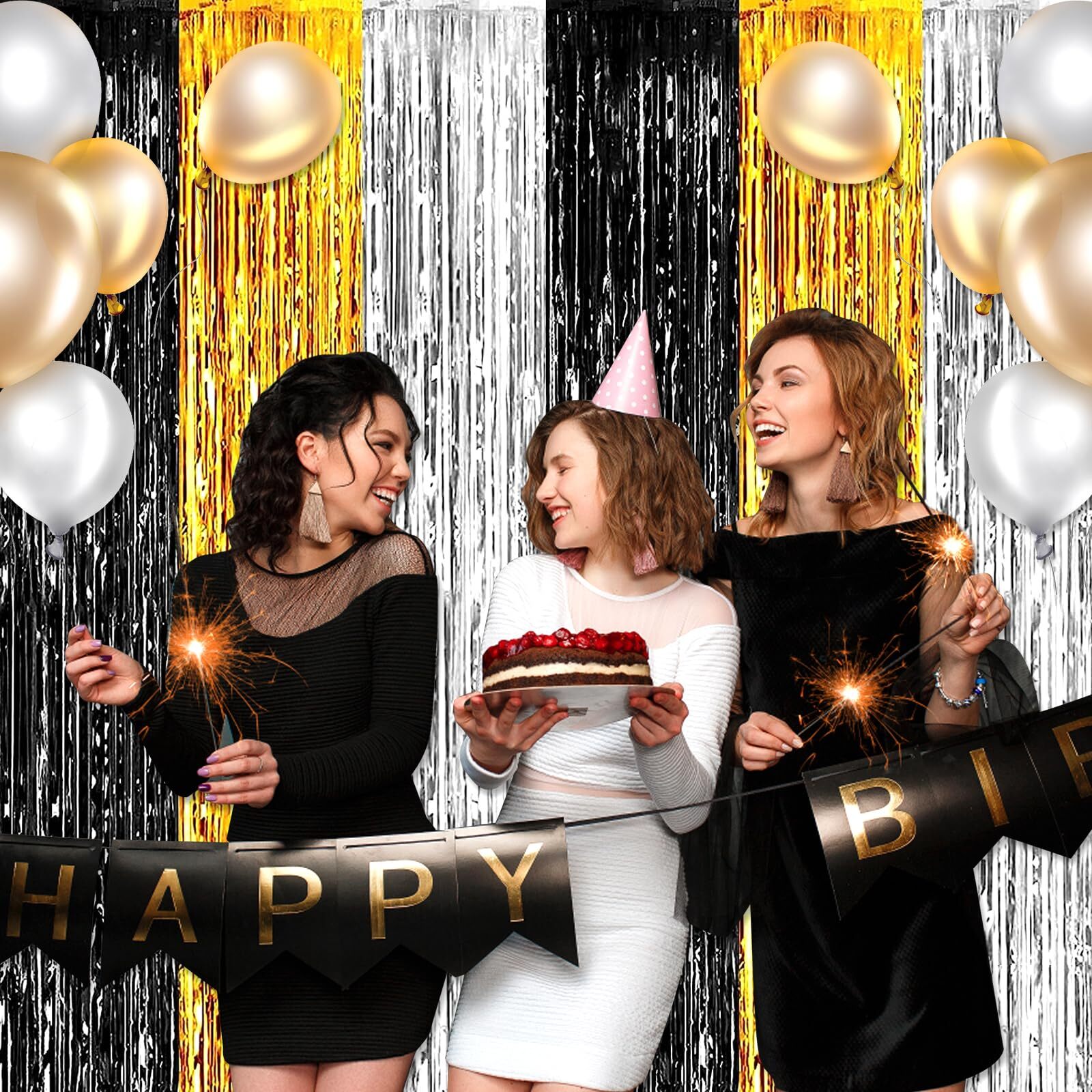 3 Pack Black Gold Silver Foil Fringe Curtains 3.28×6.6Ft Party Photo Decor