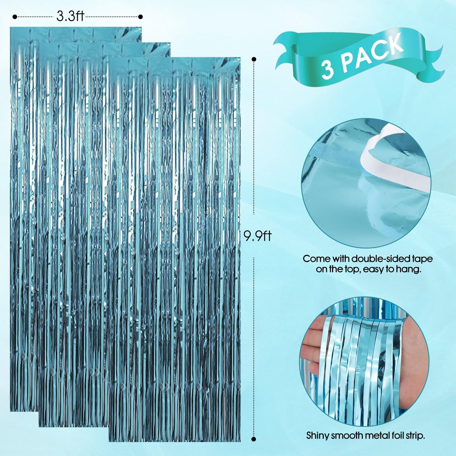 3 Pack 3.3 x 9.9 ft Light Blue Foil Fringe Backdrop Curtain Streamer Backdrop…