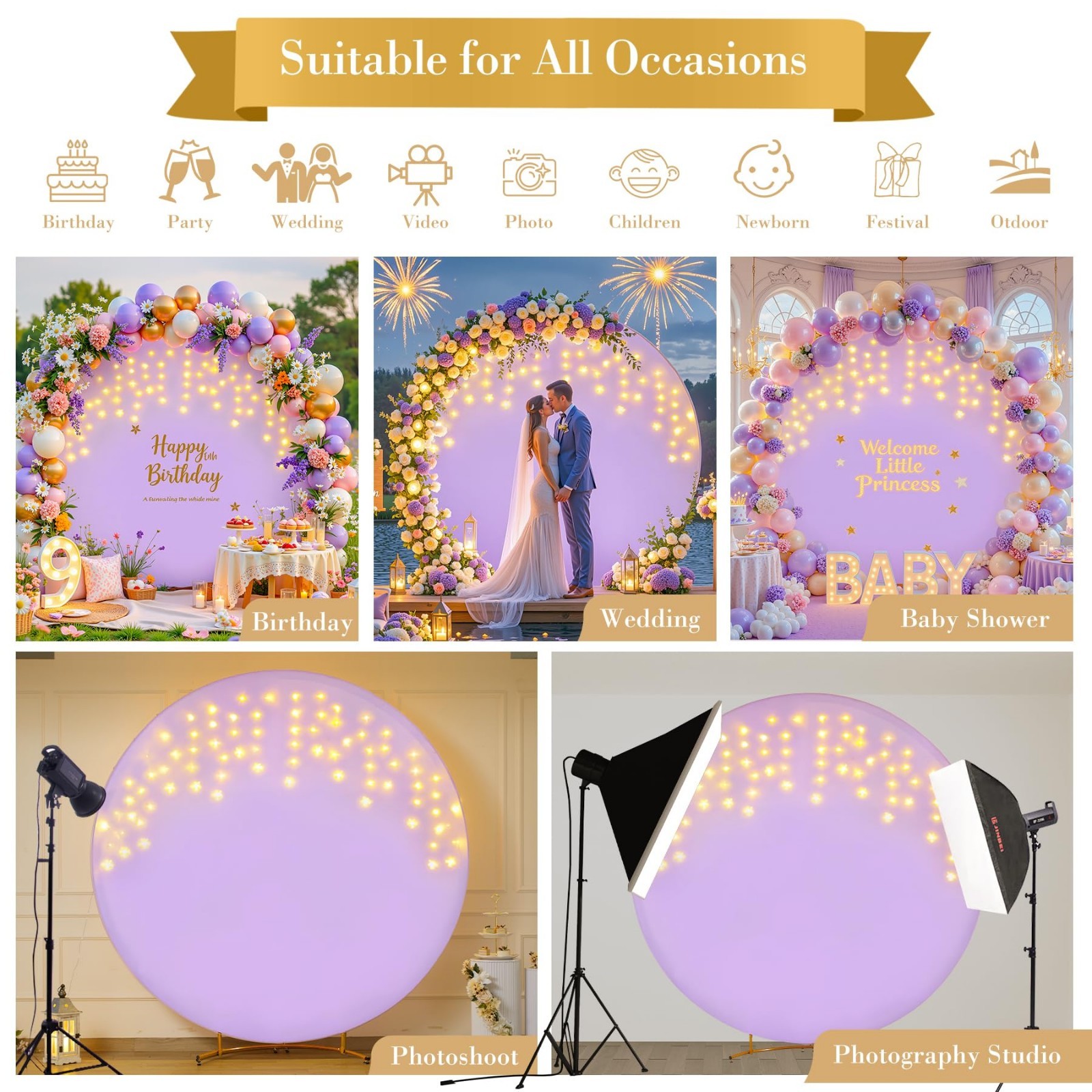 7.2 FT Purple Round Backdrop Cover with LED Fairy Lights for Weddings, Parties &