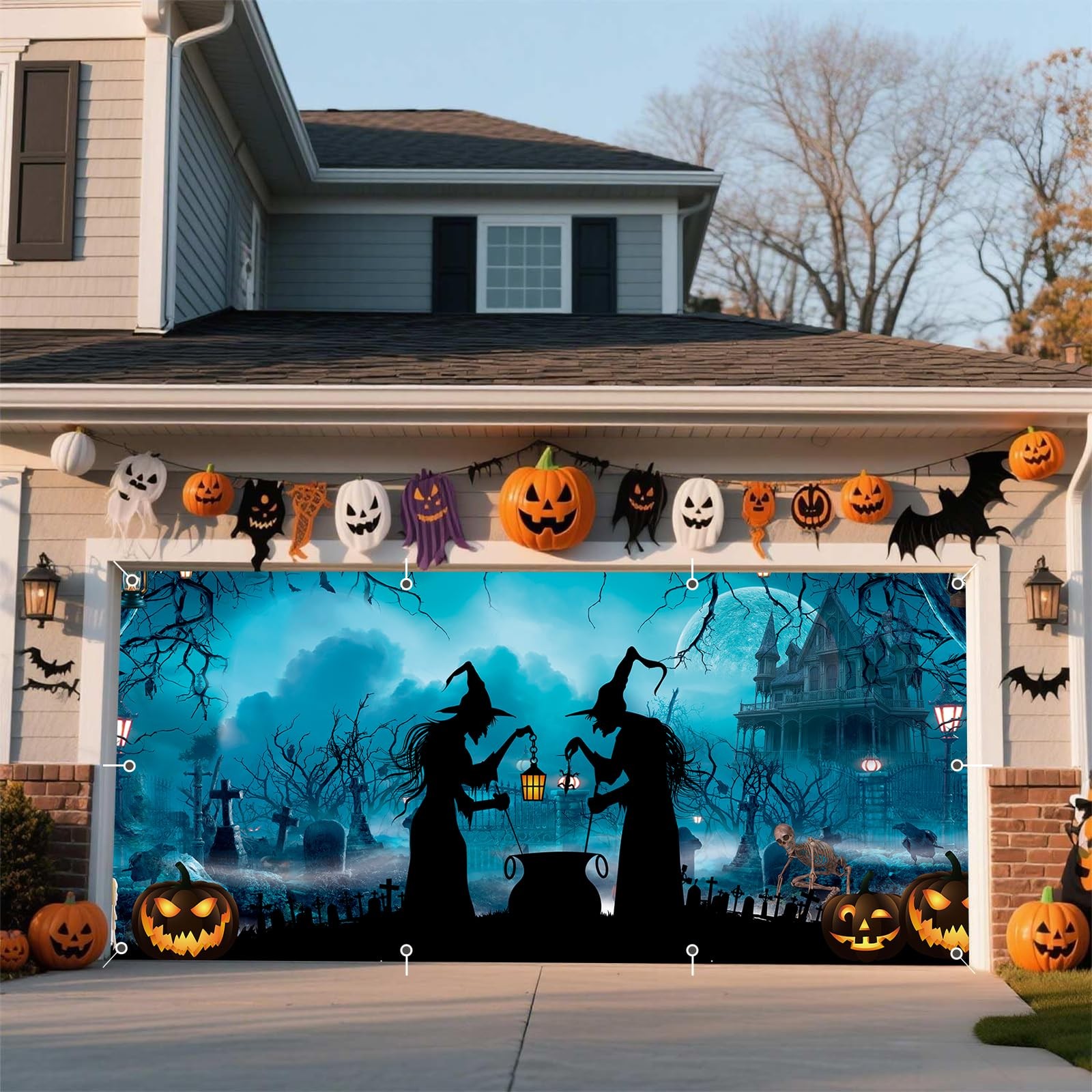 Halloween Garage Door Cover Banner 7x16ft Haunted House Witch Scary Graveyard…