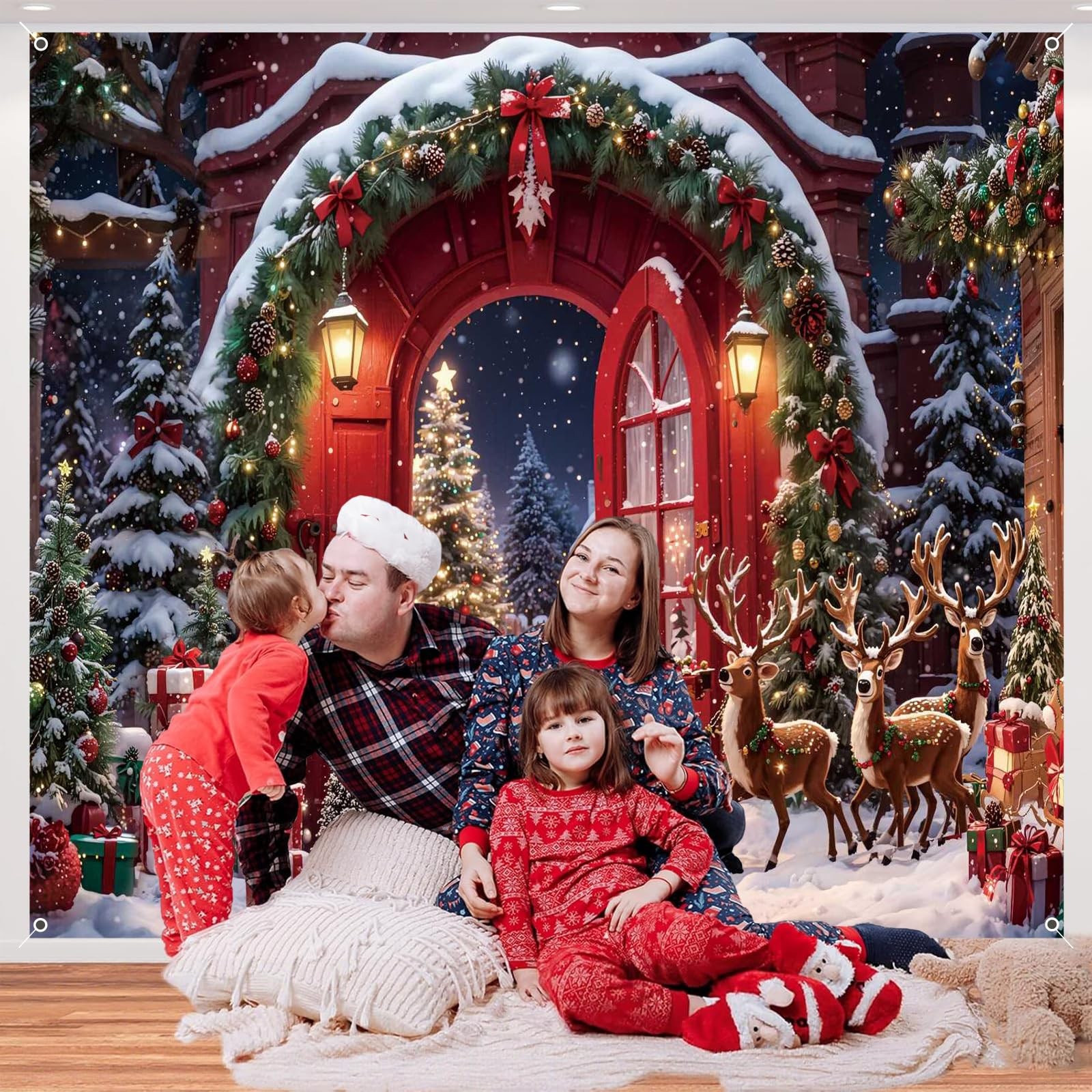 Christmas Backdrop 10x8ft Winter Forest North Pole Xmas Tree Reindeer Snowfla…