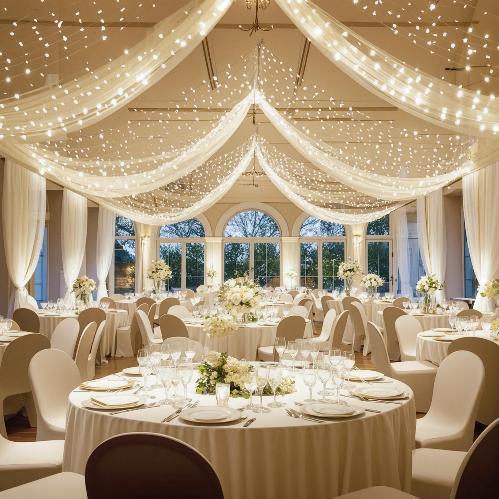 Ivory Ceiling Drapes with Lights – String Drapes for Wedding & Party Decorations