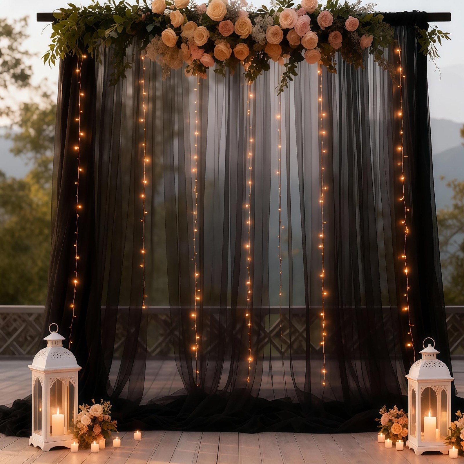 108 Ft Black Tulle Curtain Backdrop With Lights String Sheer Wedding Photo Party
