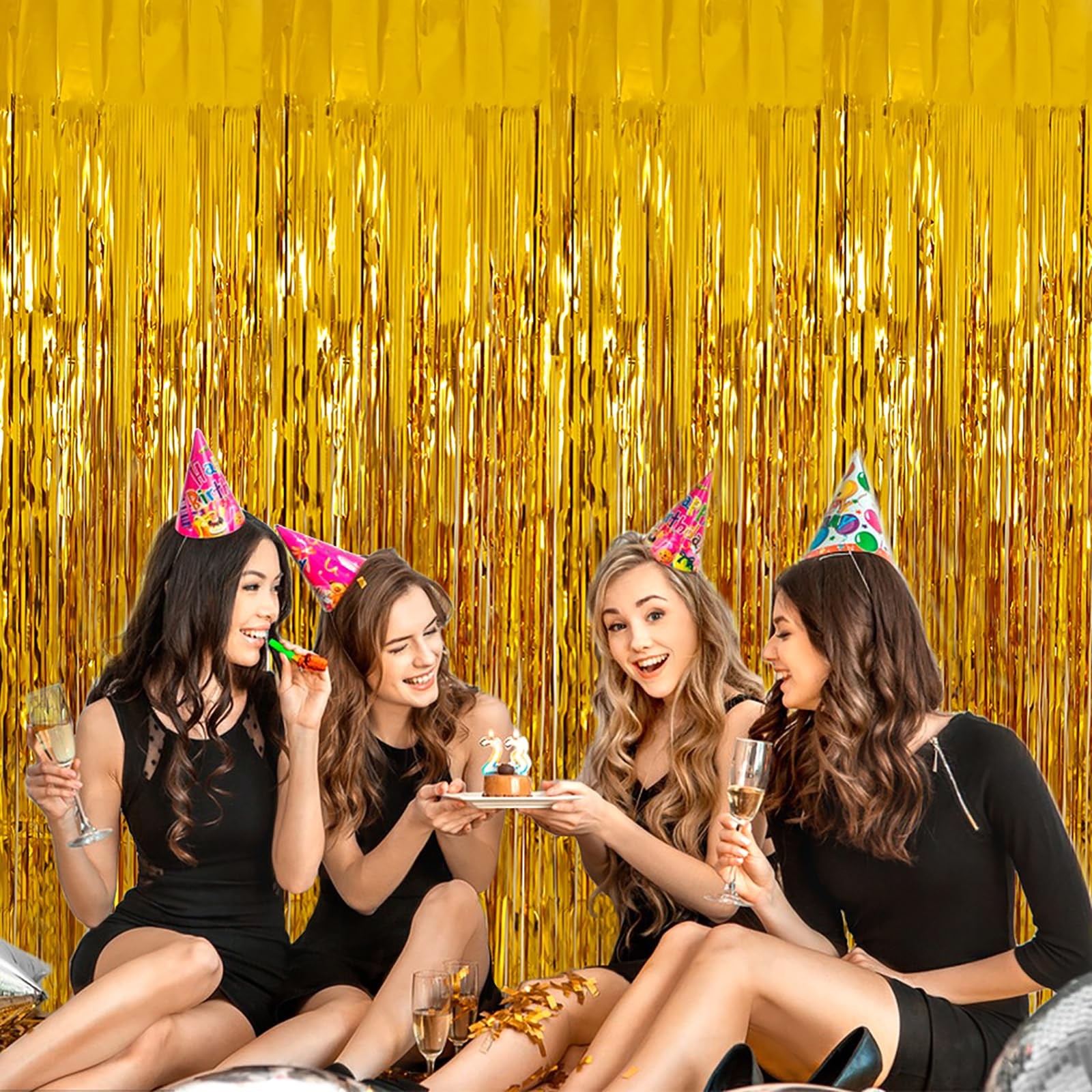 2 PCS Gold Tinsel Foil Fringe Curtain Photo Streamer Backdrop 3.28×6.56 FT