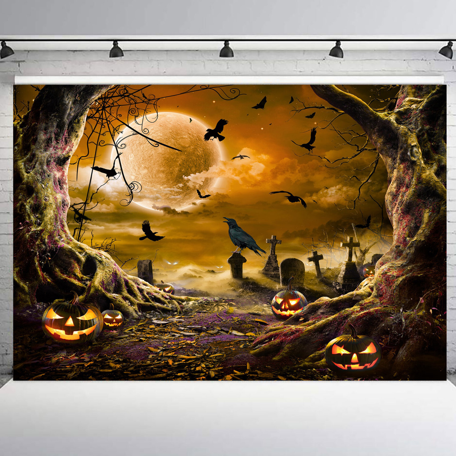 10x8ft Spooky Crow Full Moon Cemetery Halloween Vinyl Backdrop Photo Background