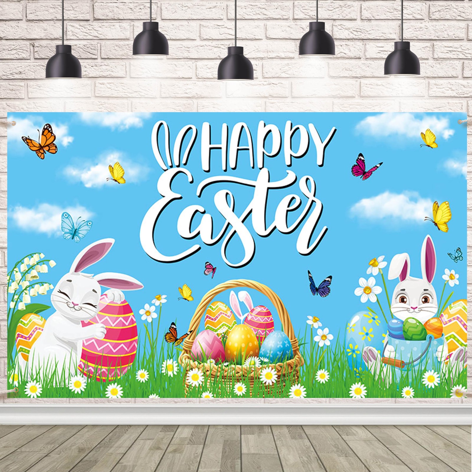 AIBIIN Happy Easter Backdrop Banner Colorful Flower 5.9×3.6ft, Multicolor