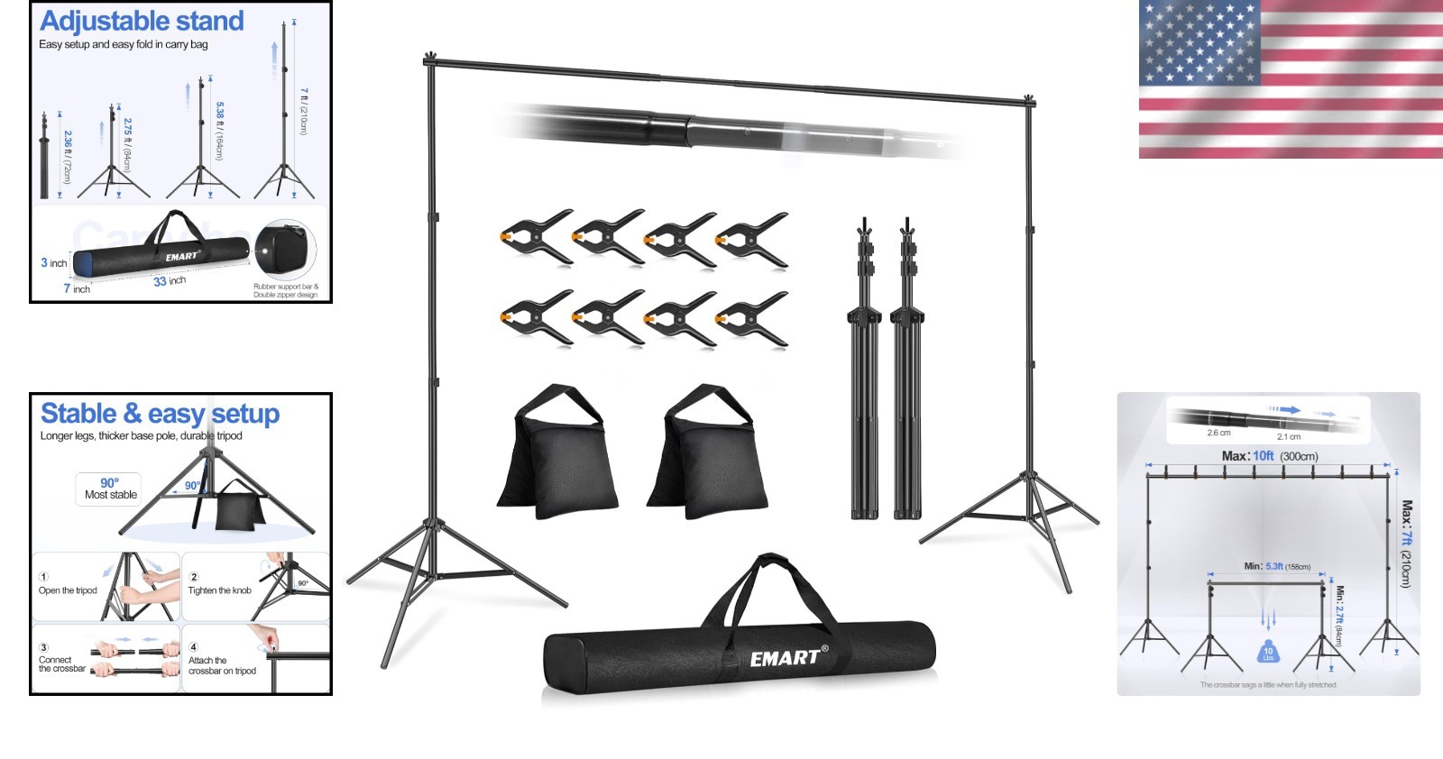 Backdrop Stand 10x7ft Adjustable Aluminum Support Kit with Crossbars and Clamps