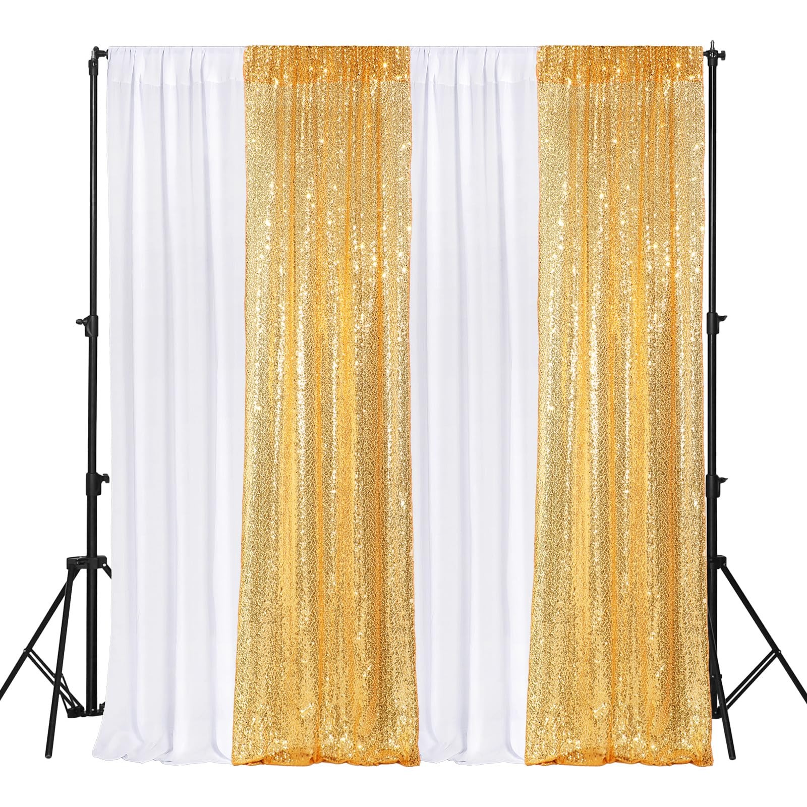 4 PCS Backdrop Curtains 2 Sequin Glitter 4×10 ft 2 Chiffon 7×10 ft White Gold