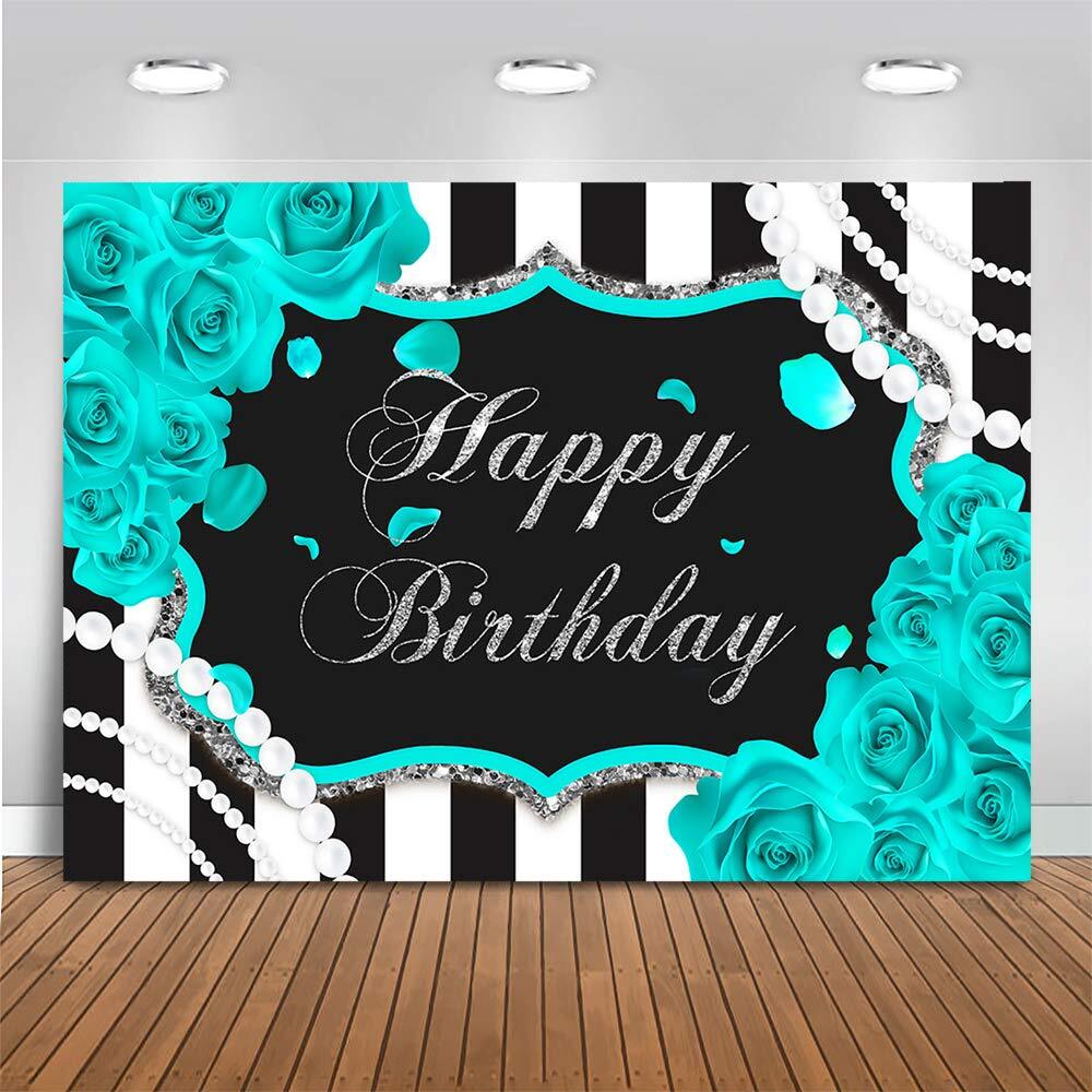 7x5ft Silver Turquoise Floral Birthday Backdrop Black and White Stripes
