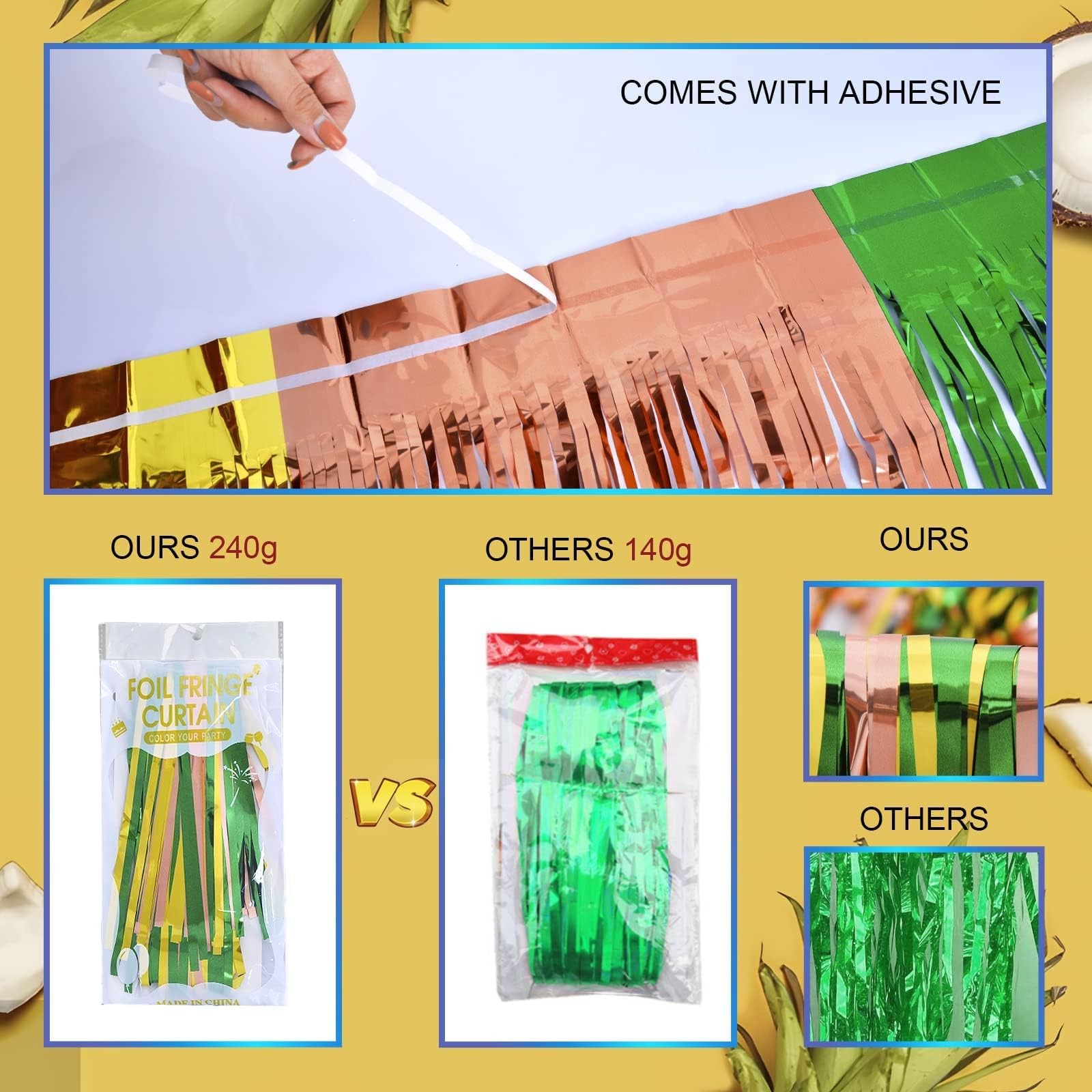 LOLStar Hawaiian Luau Foil Fringe Curtains, 2 PACK, Green Brown and Yellow