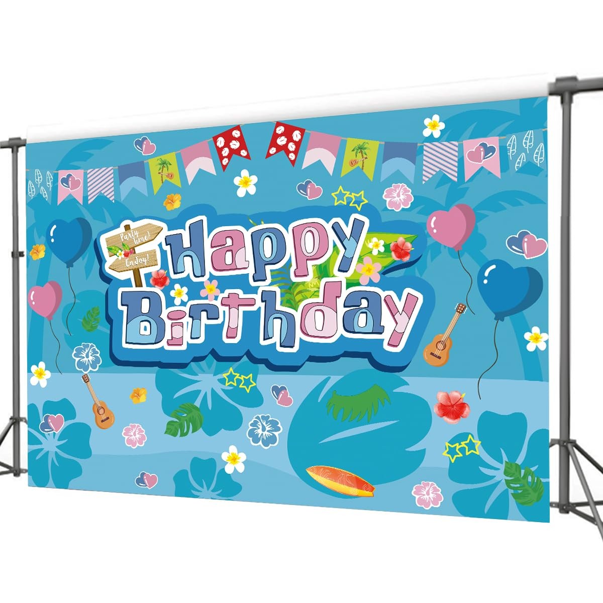 Blue and Pink Cartoon Birthday Party Backdrop, Hawaii Theme with Tropical Flo…