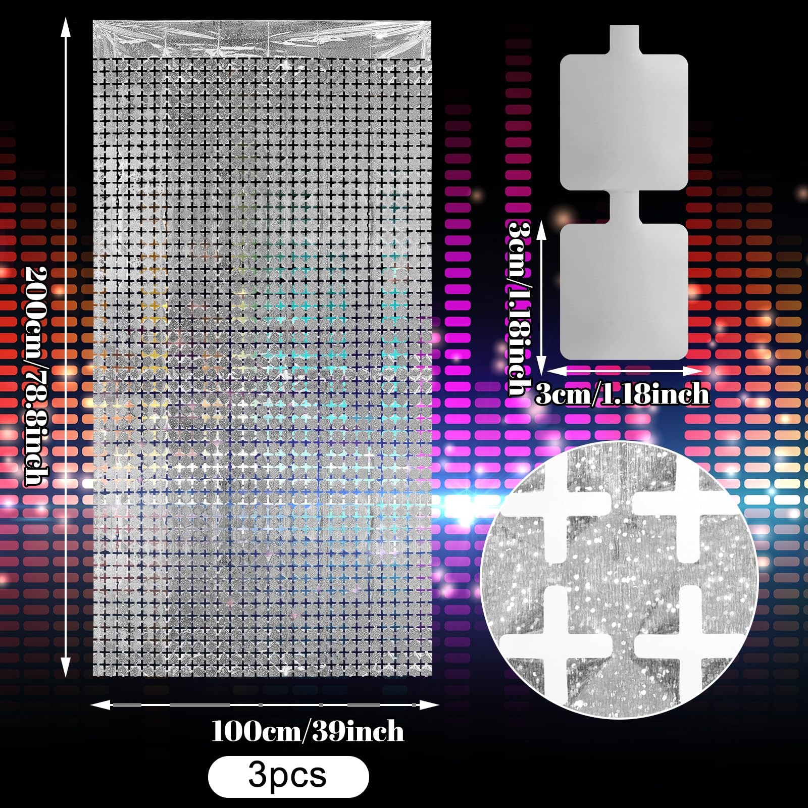 3Pcs Silver Shimmer Wall Backdrop, 3.3×6.6 Feet Square Feet, silver