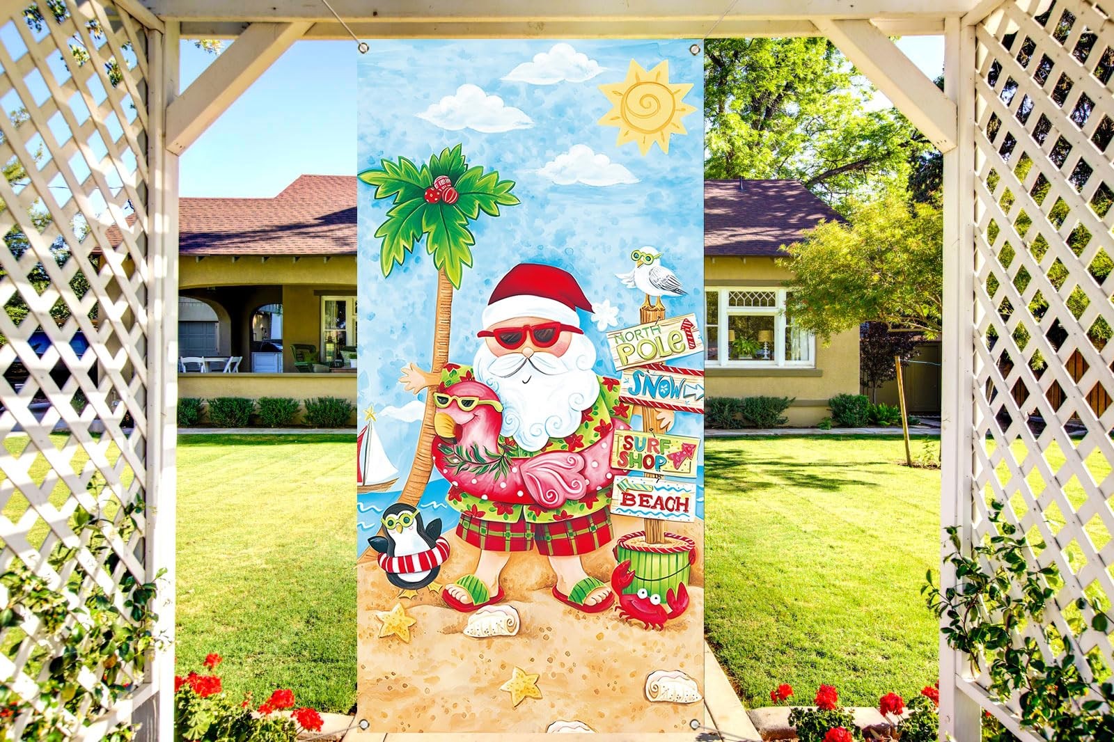 Christmas July Door Cover Tropical Summer Beach Hawaiian Themed Party Decorat.