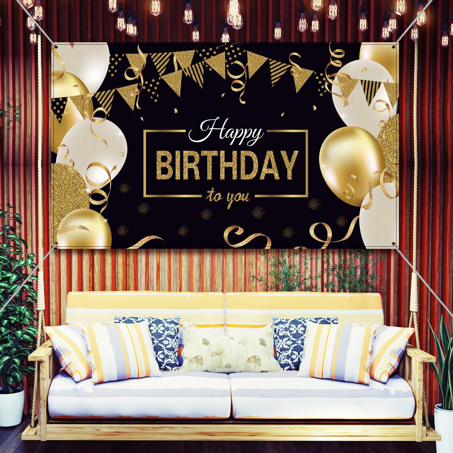 Happy Birthday Backdrop Banner Extra Large Black and Gold Sign Poster for Men Wo