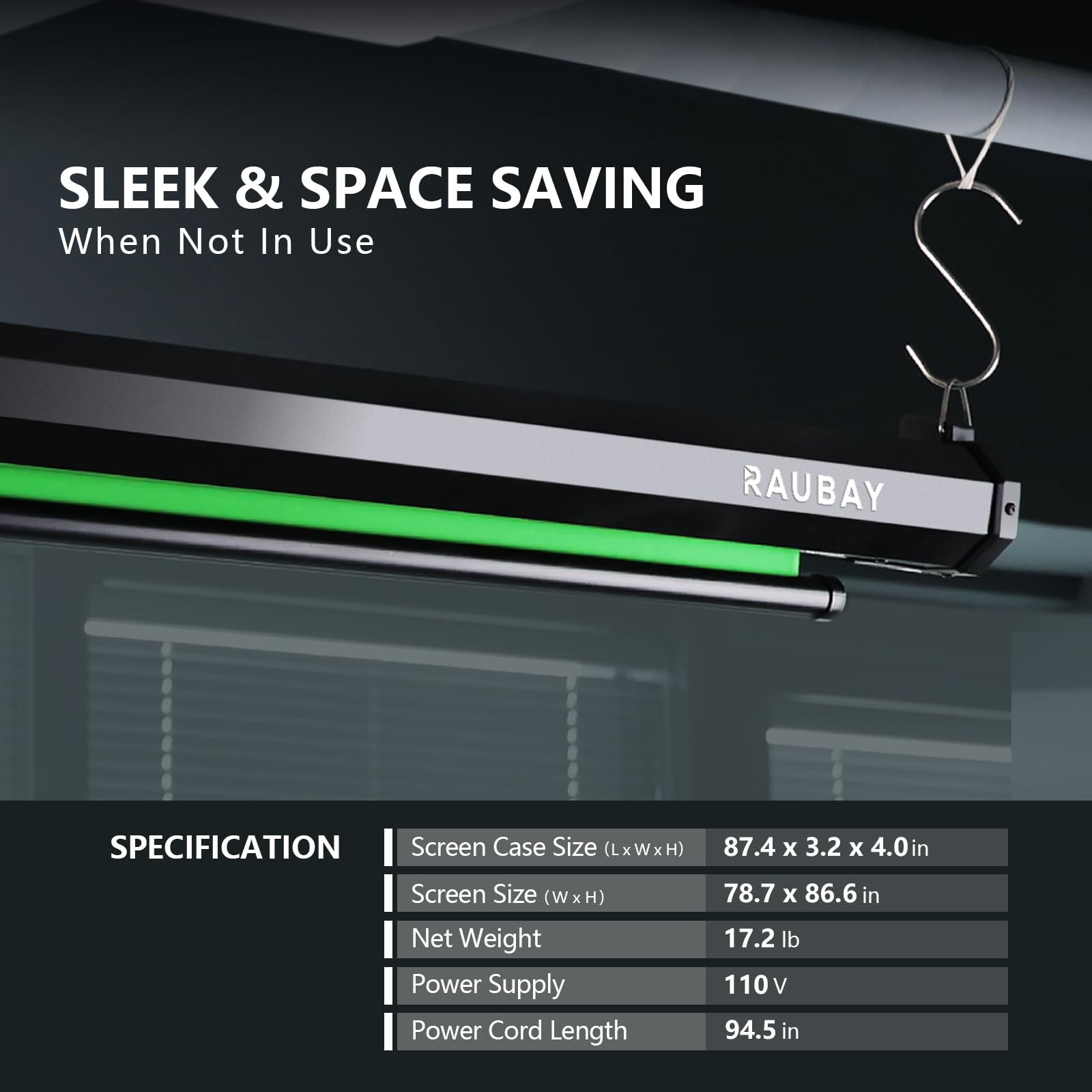 RAUBAY Motorized Pull Down Green Screen – 78.7″ x Wider(78.7 x 86.6in),