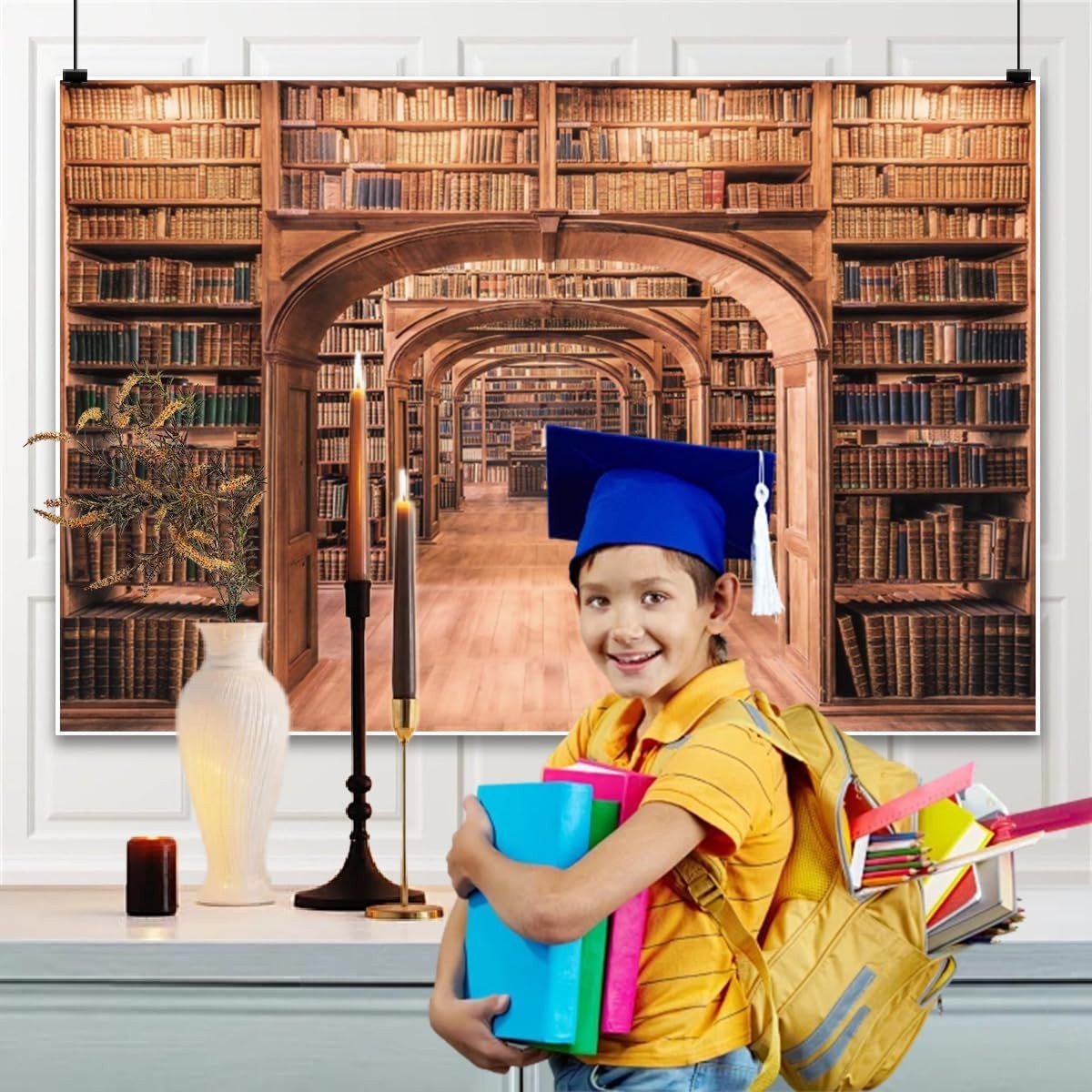 8x6ft Vintage Bookshelf Backdrop – Antique Bookcase Photography Background for E