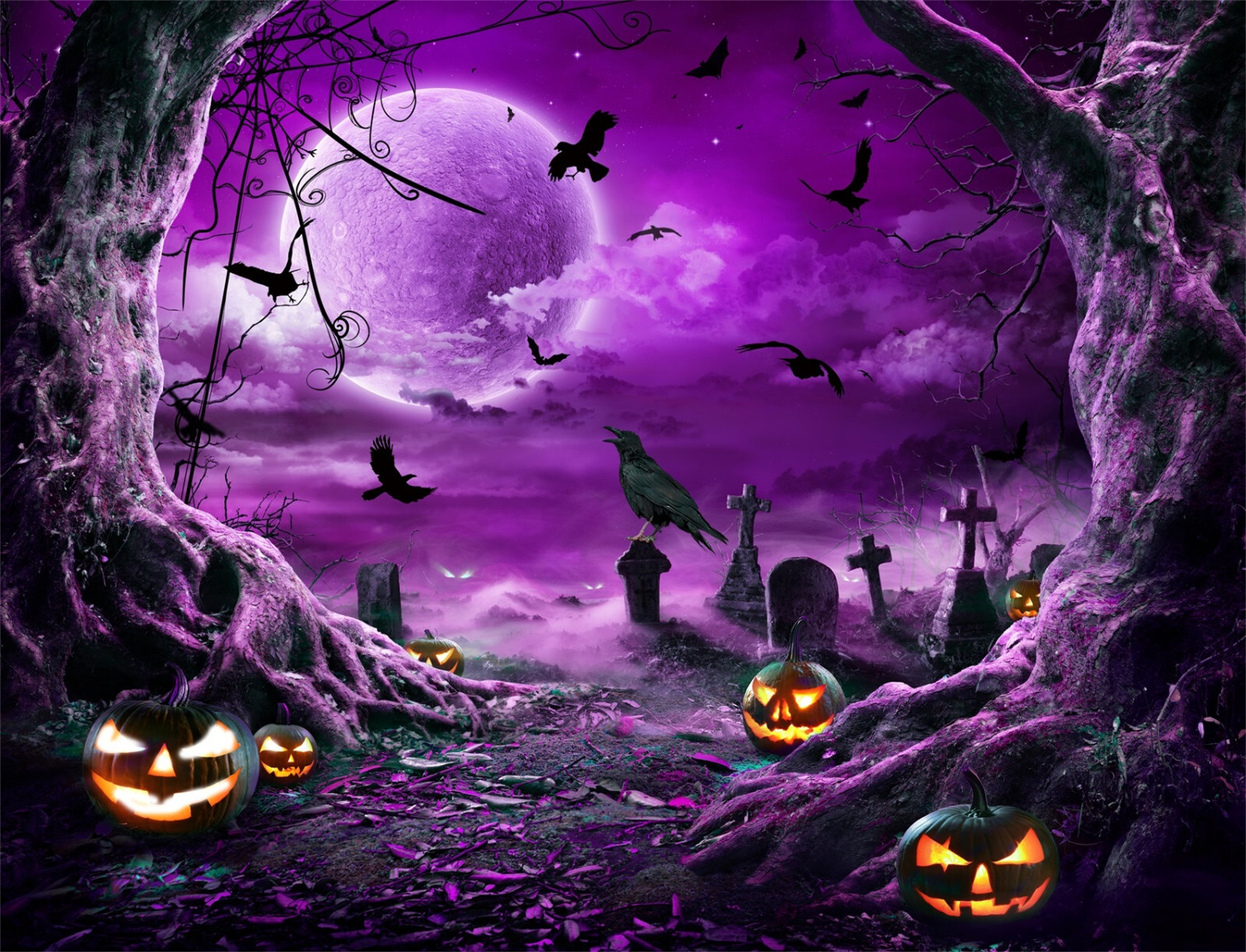 10x8ft Pumpkin Full Moon Crow Purple Halloween Vinyl Backdrop Photo Background