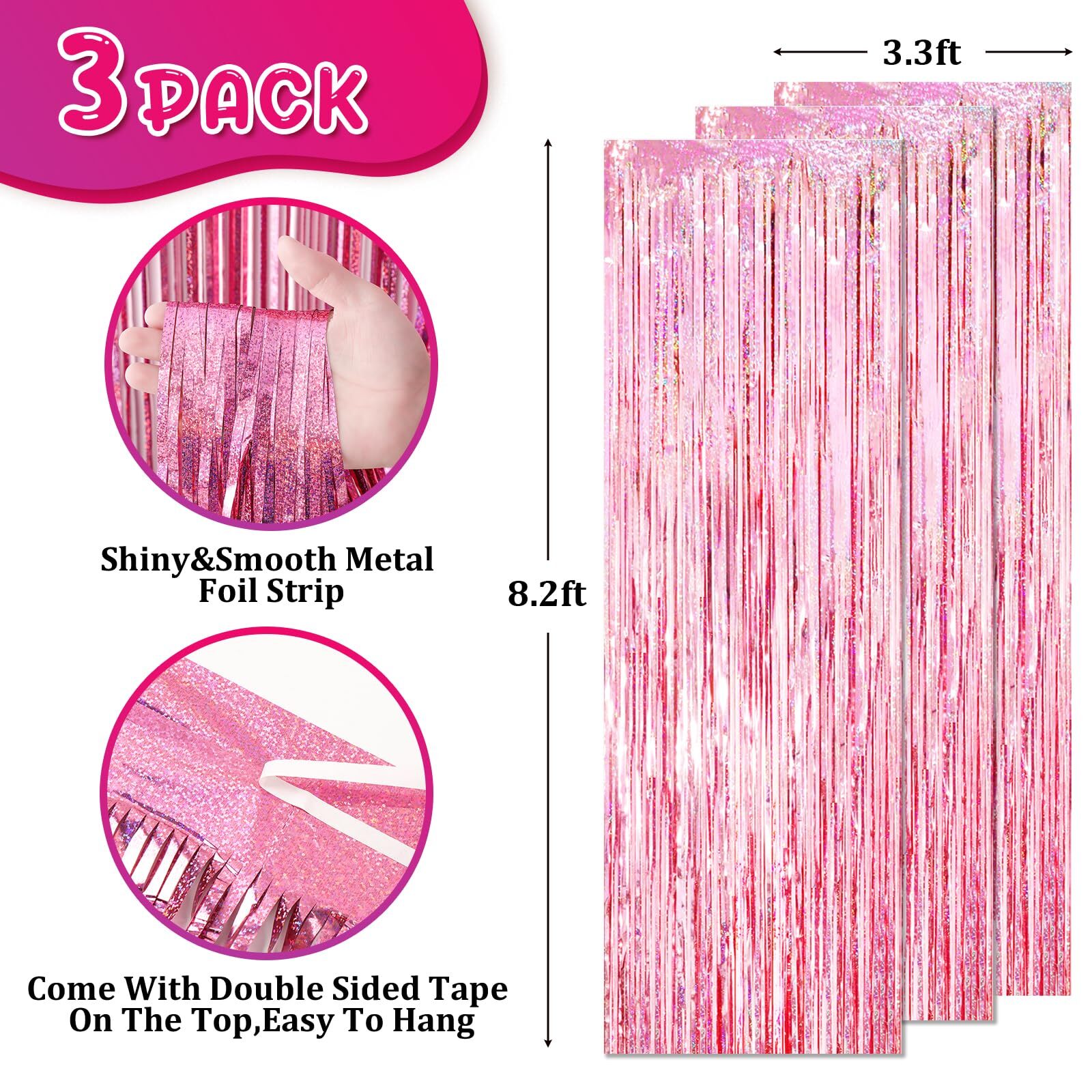 3 Pack Laser Pink Foil Fringe Curtains 3.3×8.2ft Baby Shower Disco Decor