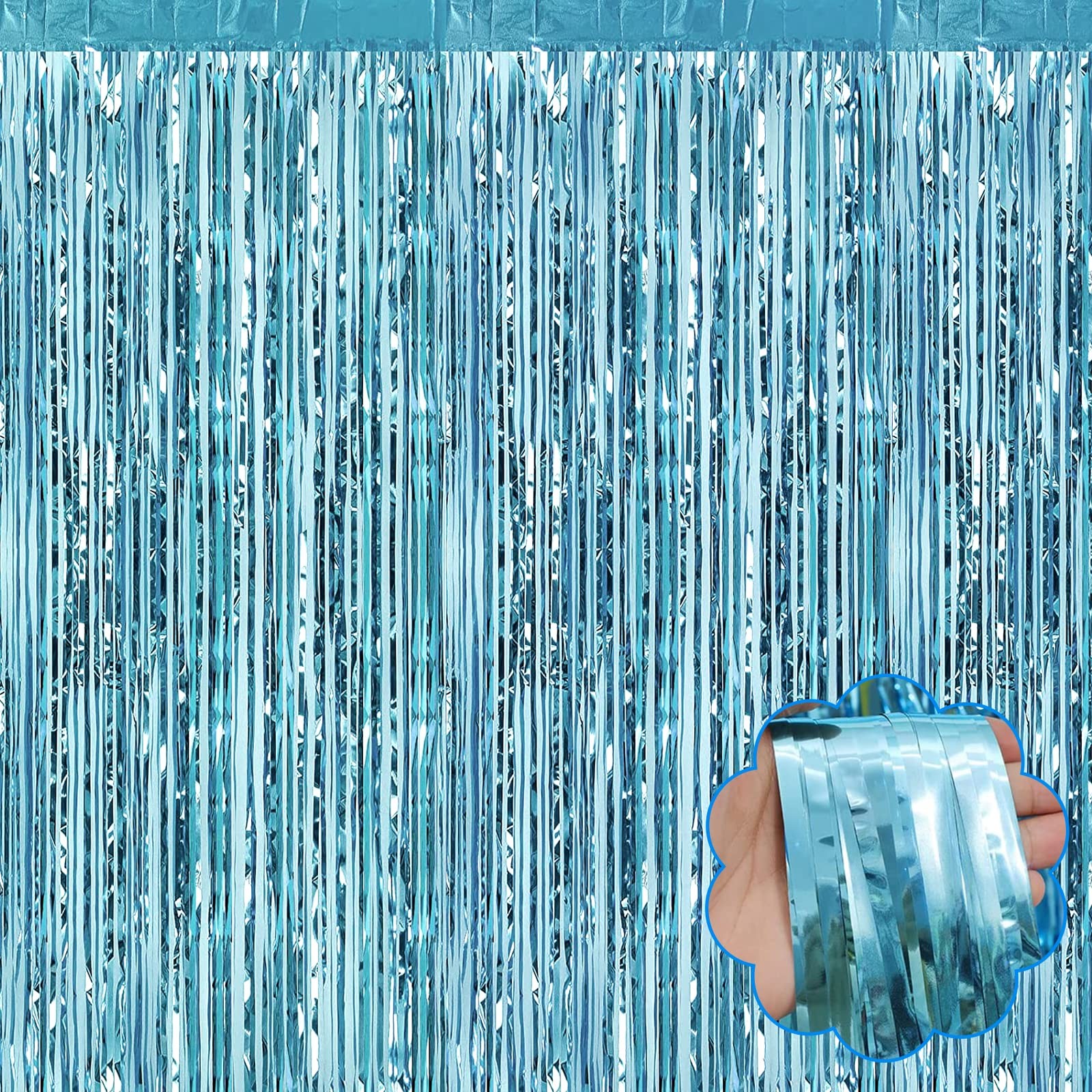 8 PCS Light Blue Tinsel Foil Fringe Curtain Metallic Backdrop 3.28×8.2 FT