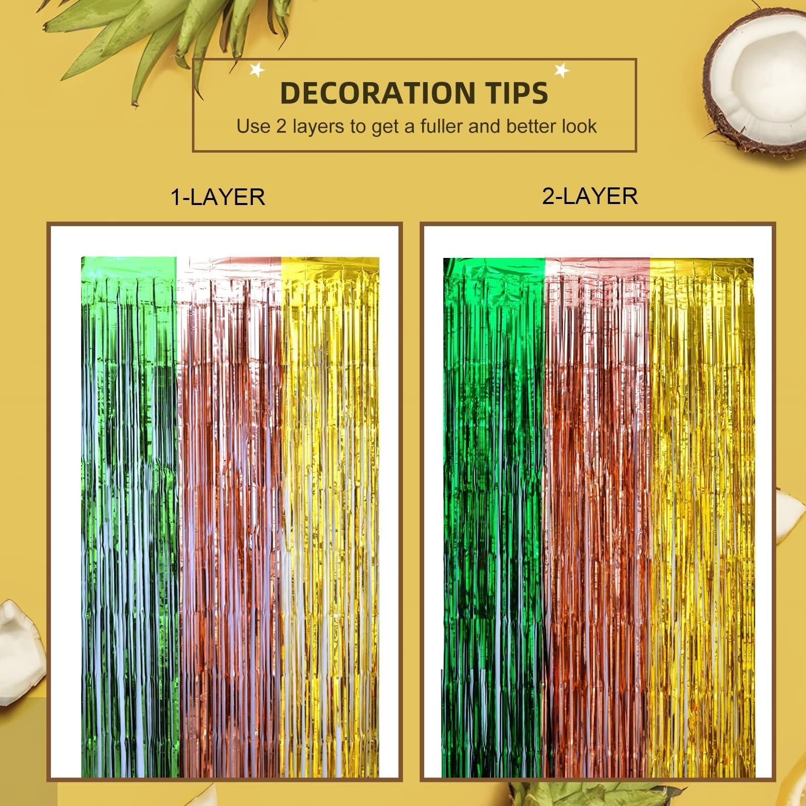 LOLStar Hawaiian Luau Foil Fringe Curtains, 2 PACK, Green Brown and Yellow