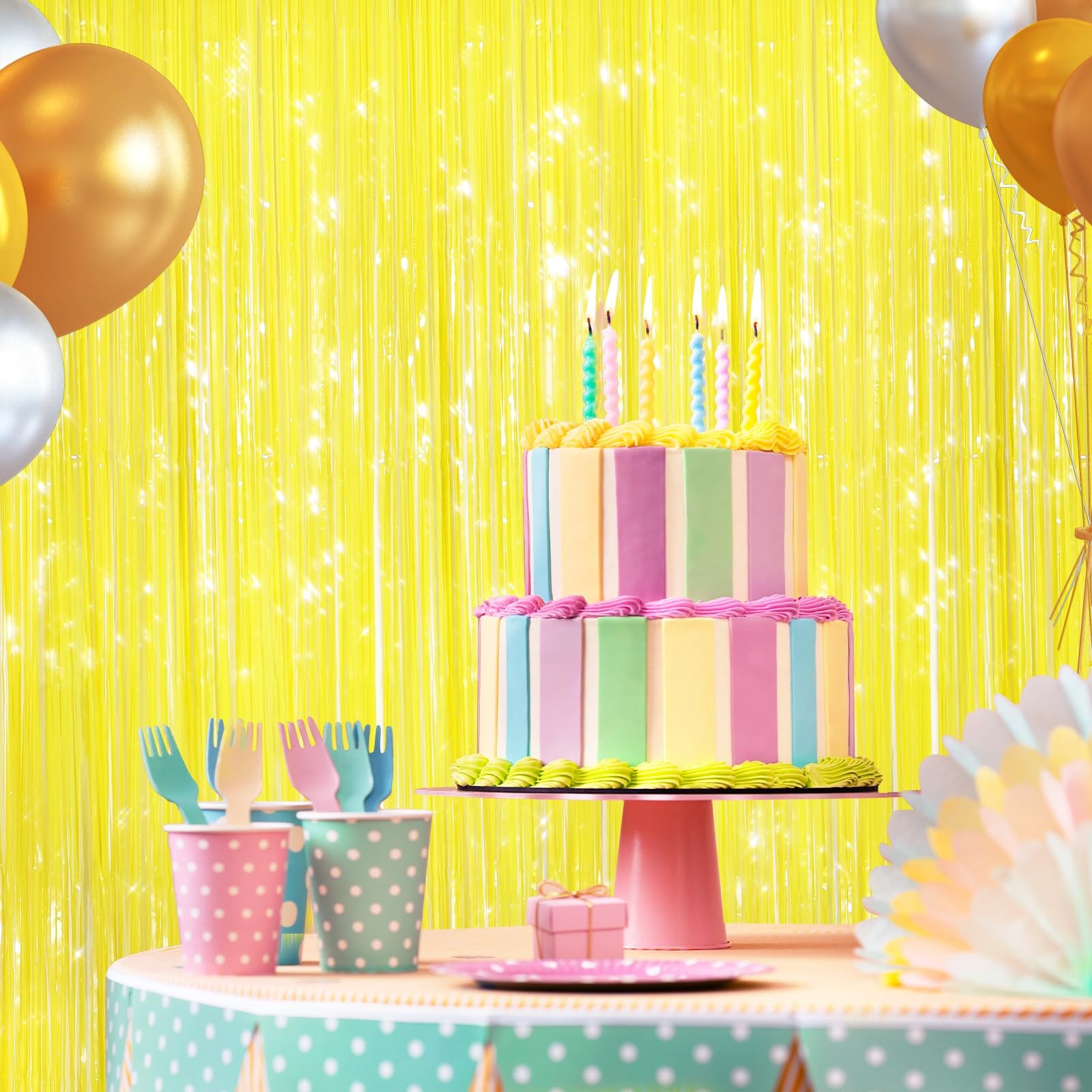 2 Pack Yellow Metallic Tinsel Foil Fringe Curtains Door Streamer, Party Backdrop