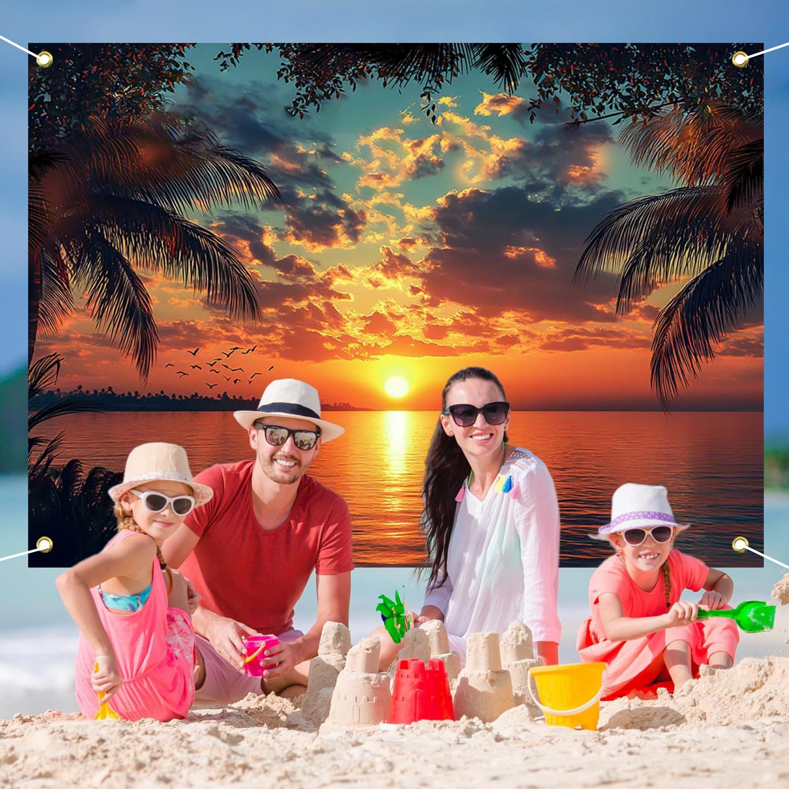 7x5ft Sunset Summer Beach Tropical Luau Palm Leaves Ocean Photo Backdrop