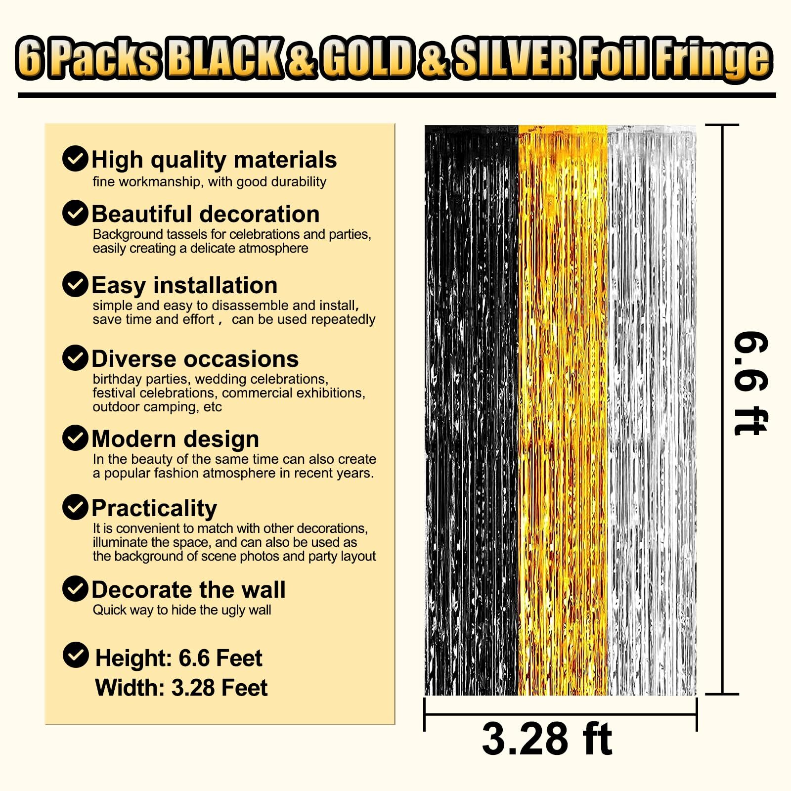 6 Pack Black Gold Silver Foil Fringe Curtains 3.28×6.6Ft Wedding Party Decor