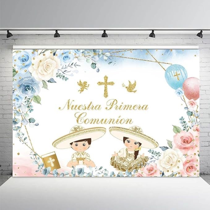 7x5ft Nuestra Primera Comunion Backdrop, Blue and Pink First Communion Christeni