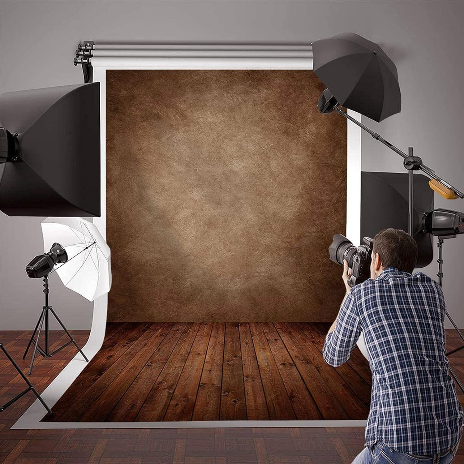 Fotografía de pared de tela suave marrón de 1,5 x 2,1 m con suelo de madera